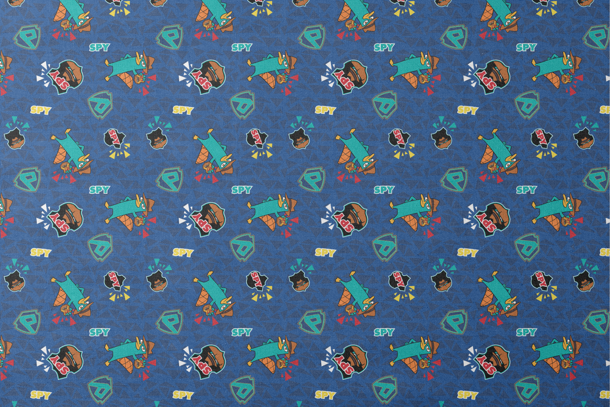 Colorful Perry the Platypus pattern with "SPY" text on blue geometric background designs flat mockup