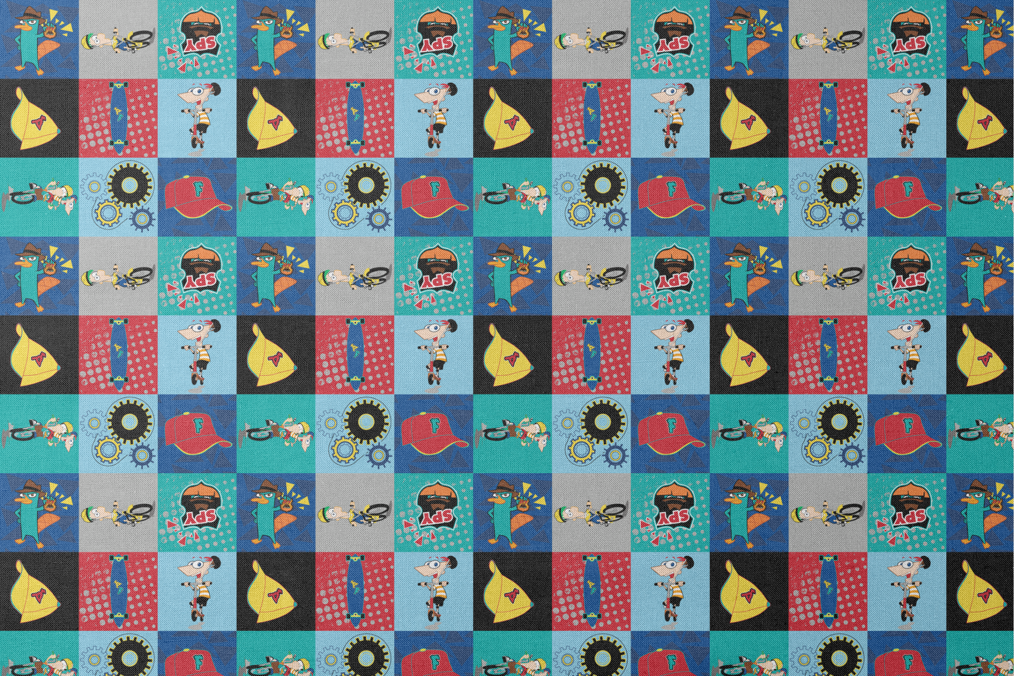 Phineas and Ferb cartoon characters in 9-square grid featuring Perry, logos, and mechanical designs designs flat mockup