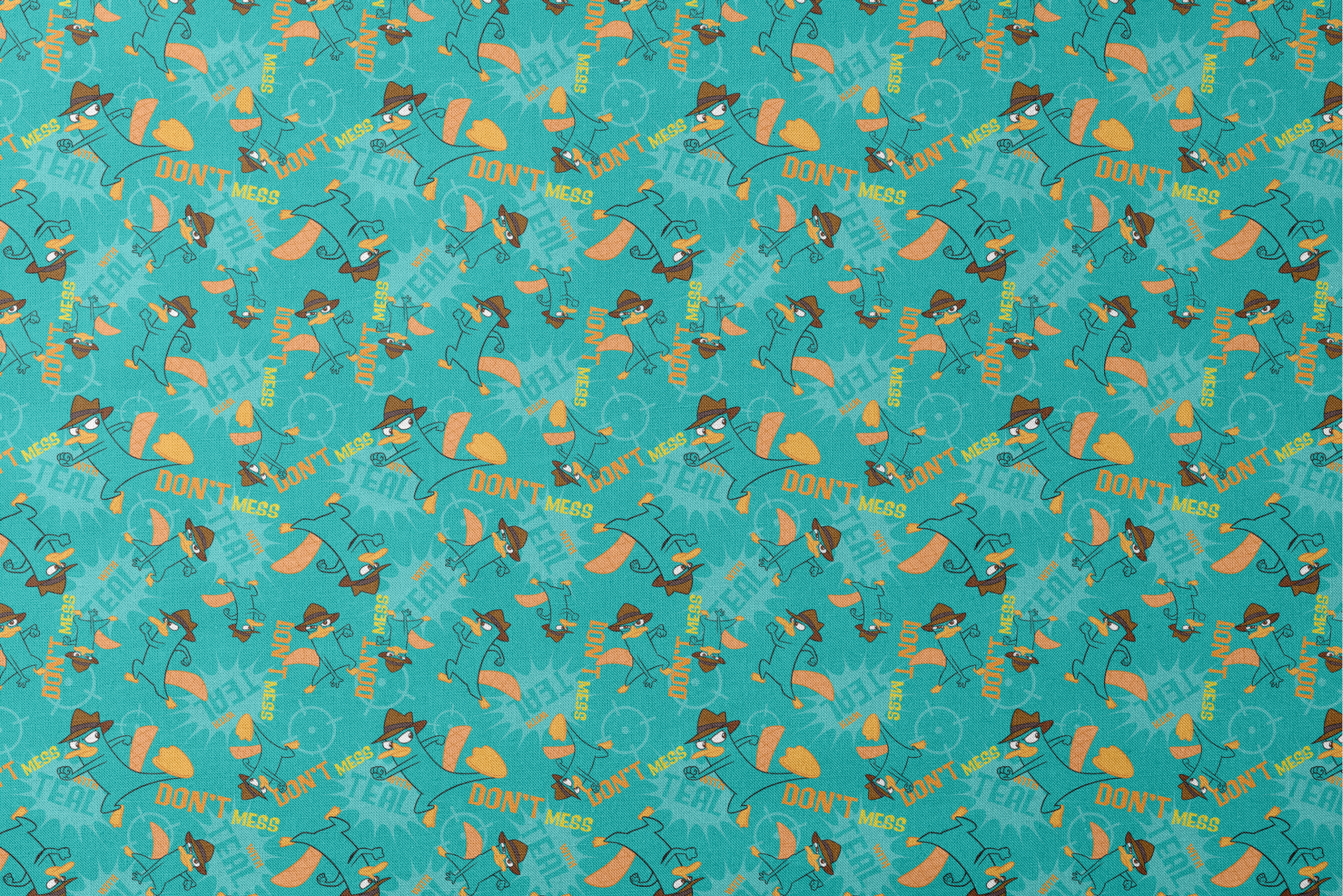 Cartoon pattern of platypus character in fedora hat with orange elements on teal background designs flat mockup