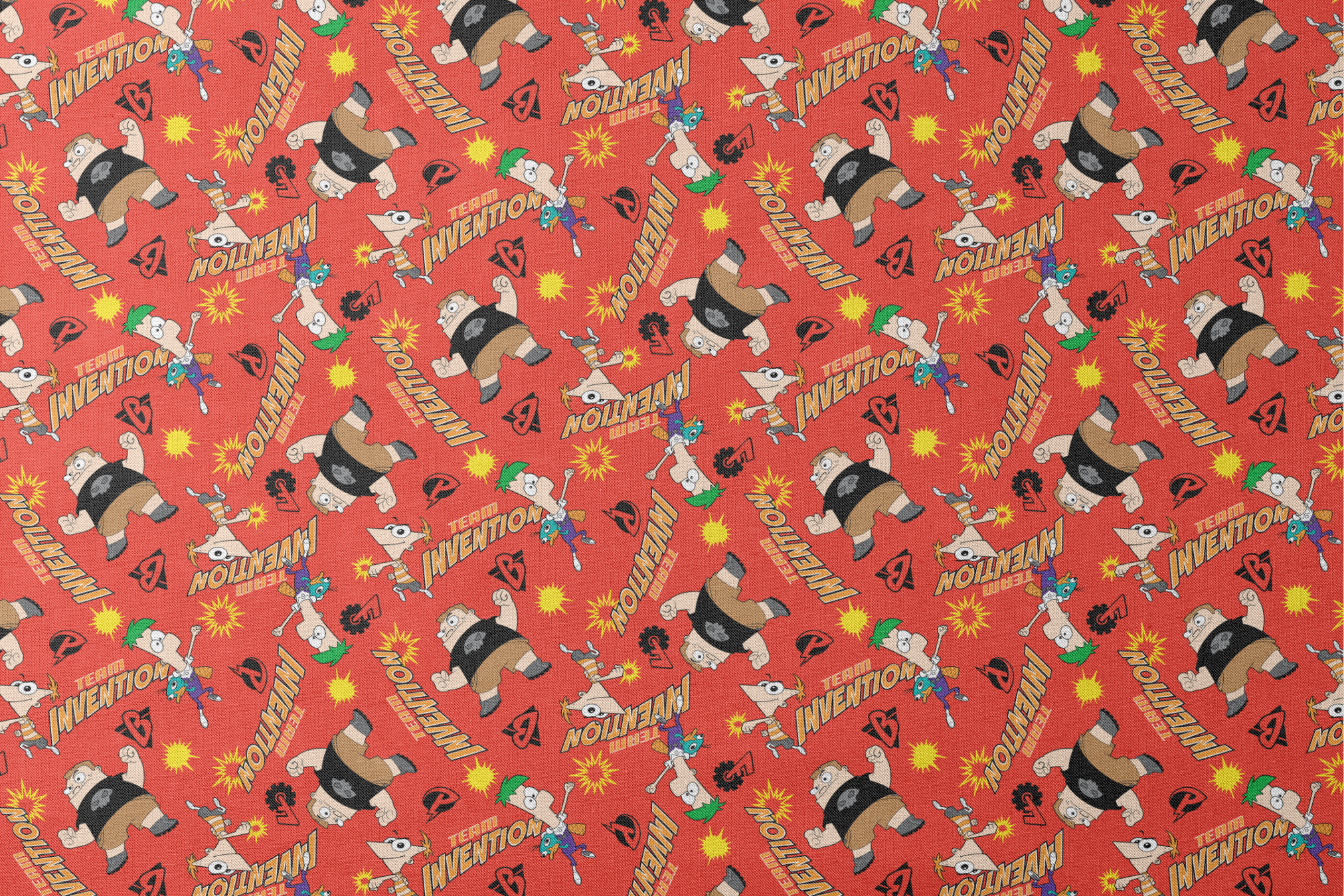 Red background pattern with Phineas and Ferb, text reading "Invention" and "McTheim", yellow starbursts, and comic-style design elements designs flat mockup