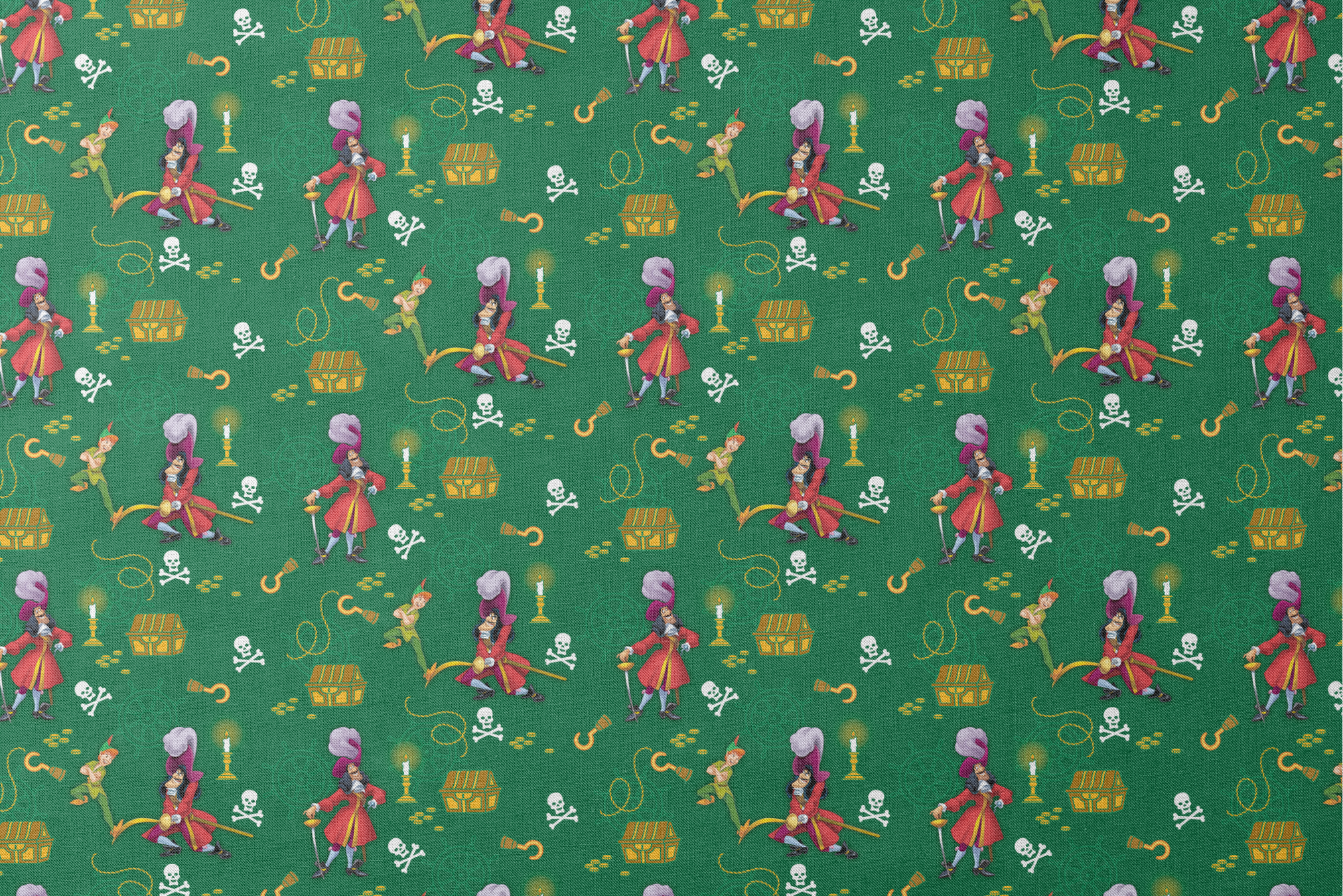 Peter Pan-themed pattern with Captain Hook, treasure chests, skulls, and golden hooks on green background. designs flat mockup