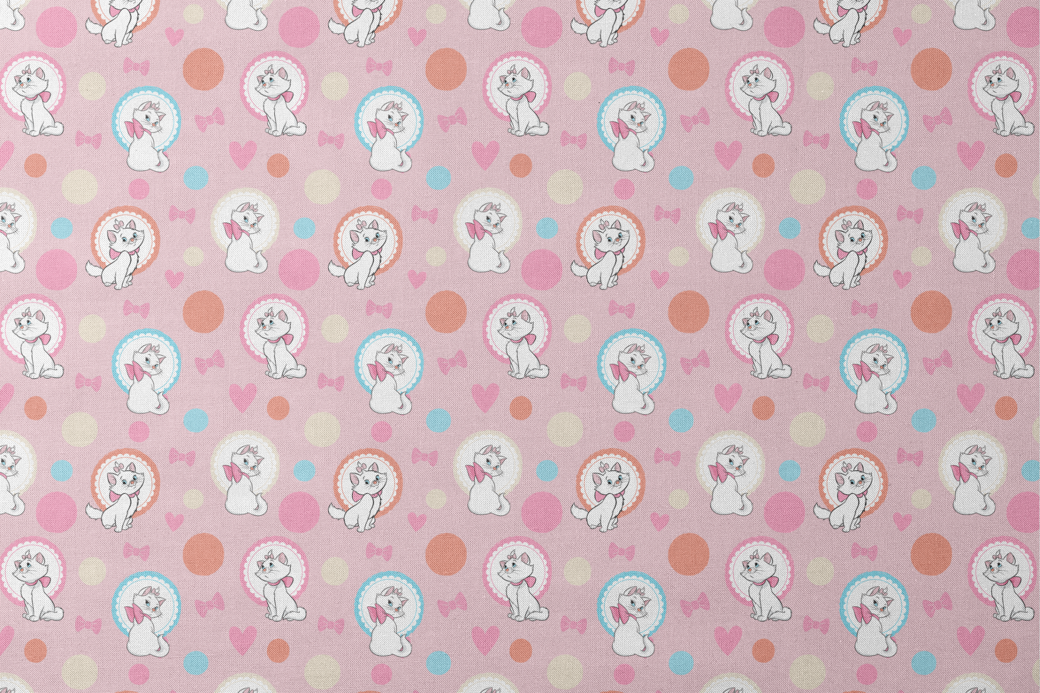 Marie from The Aristocats with pink bows in decorative circular frames on pink polka dot background with bow motifs designs flat mockup