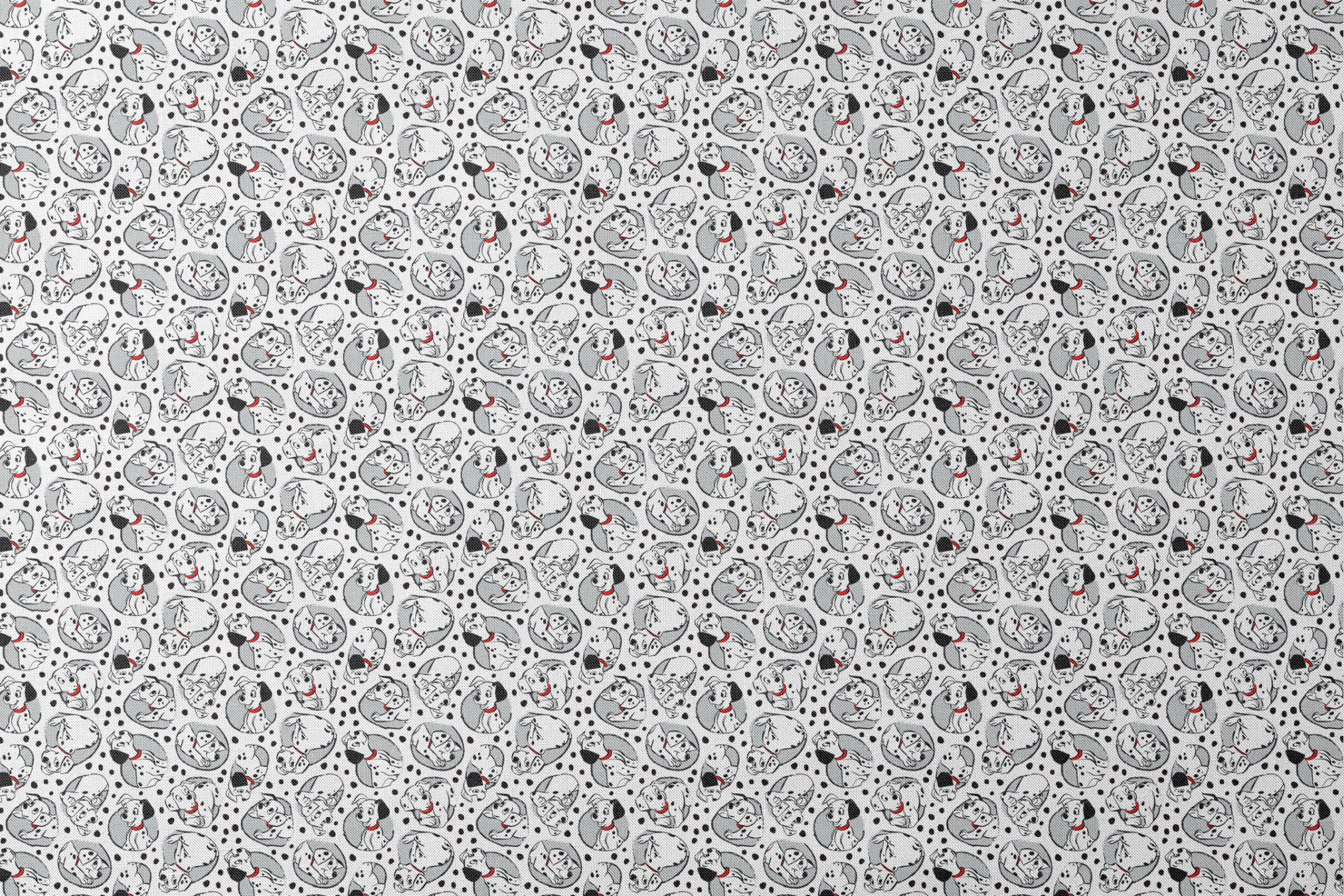 Cartoon pattern of Dalmatian puppies with black spots and red collars on white background designs flat mockup