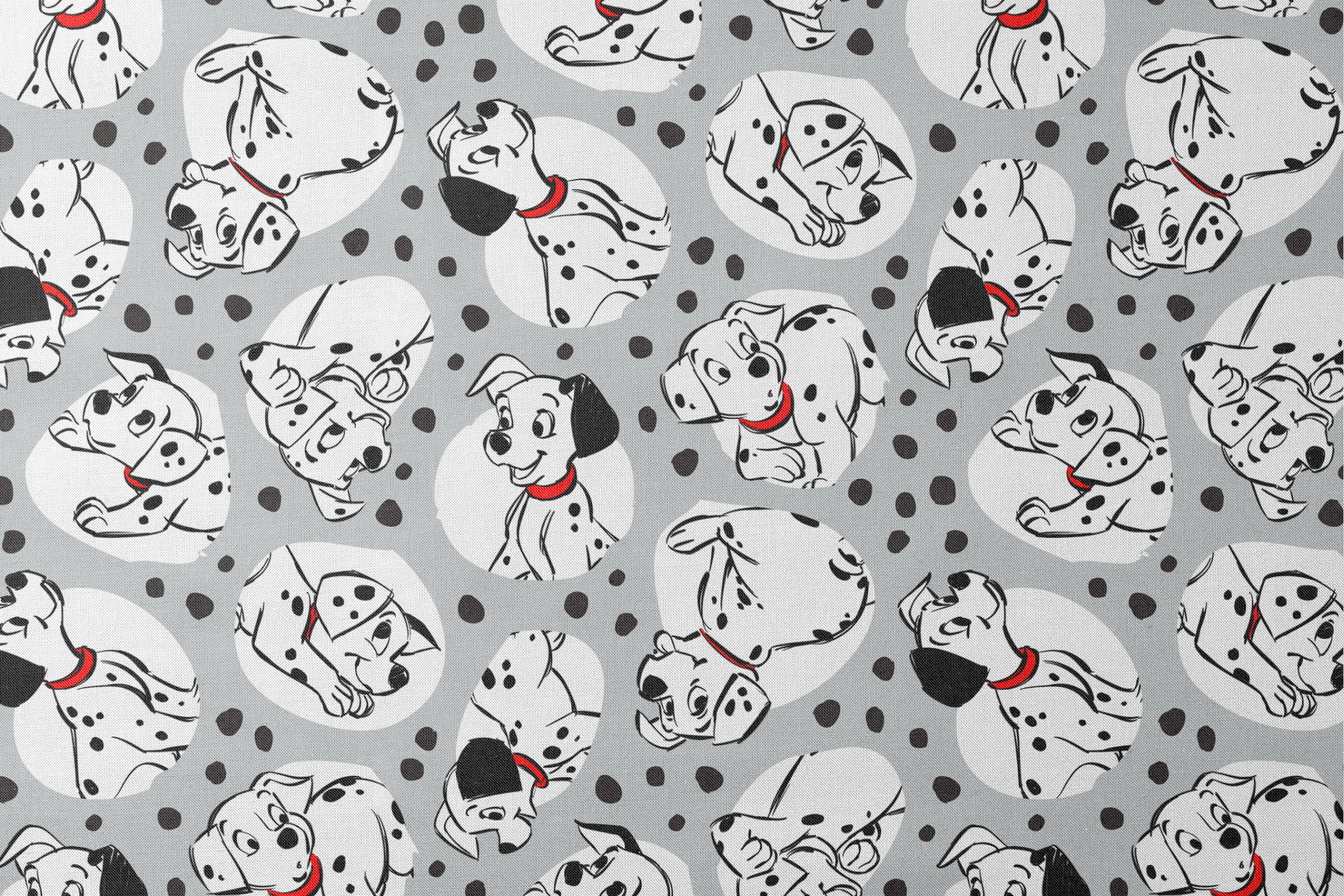 Cartoon Dalmatian dogs with red collars on gray background with black spots pattern designs flat mockup