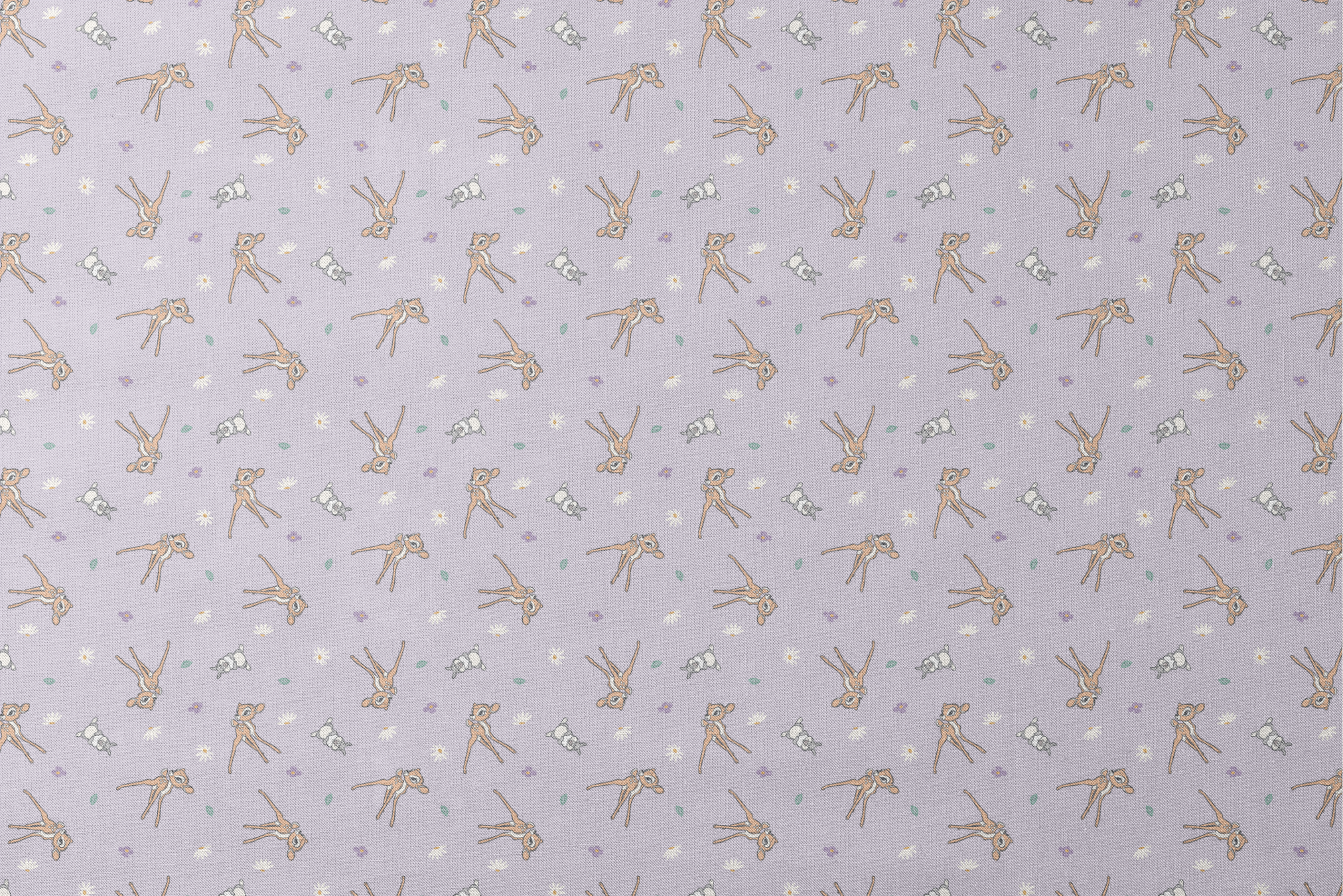 Seamless pattern of cartoon deer and bunnies with daisies and small flowers on lavender background designs flat mockup