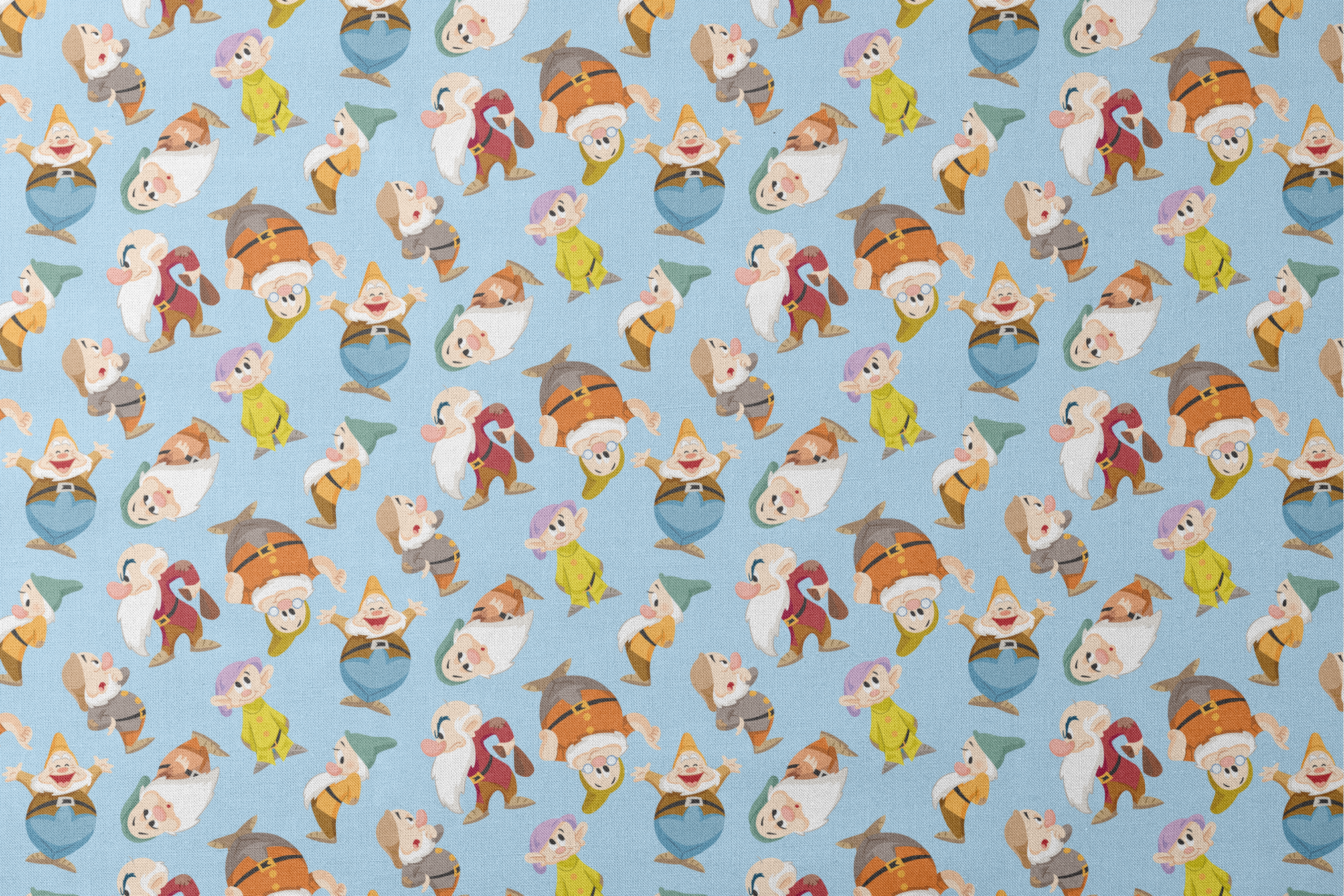 Pattern of cartoon dwarfs in colorful outfits on light blue background designs flat mockup