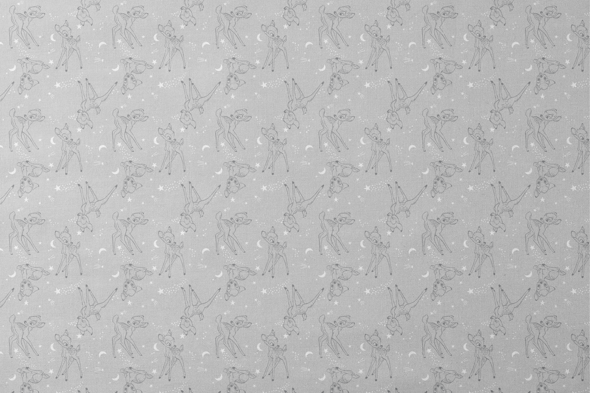Line art illustrations of Disney’s Bambi surrounded by stars, moons, and stardust trails on a soft gray background in a scattered repeat. designs flat mockup