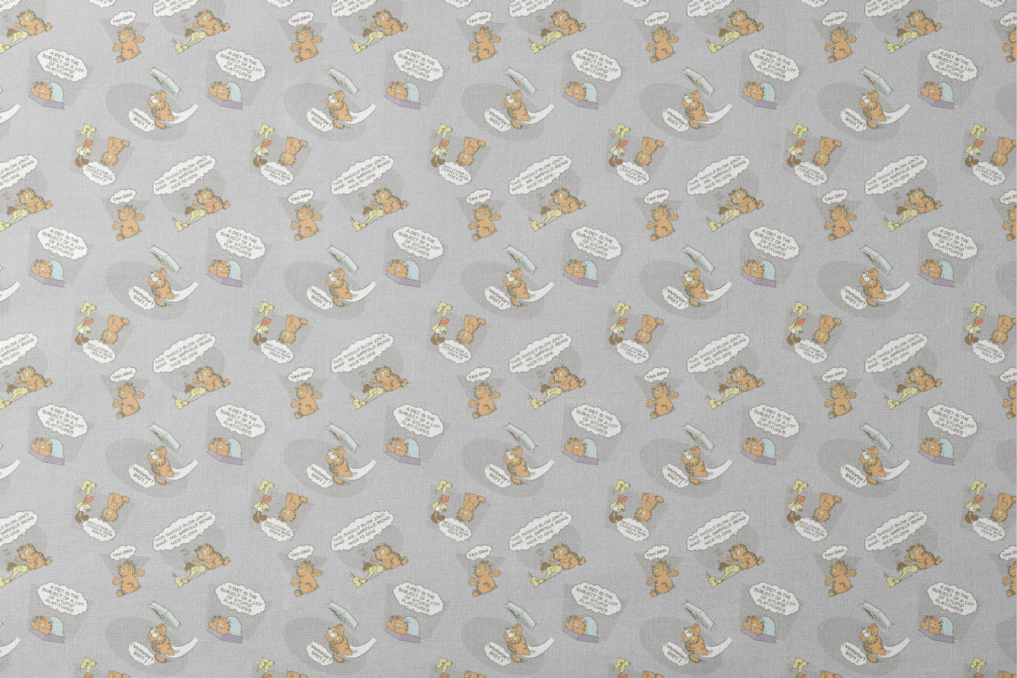 Cartoon Garfield pattern with various poses of the orange cat and speech bubbles on gray background designs flat mockup