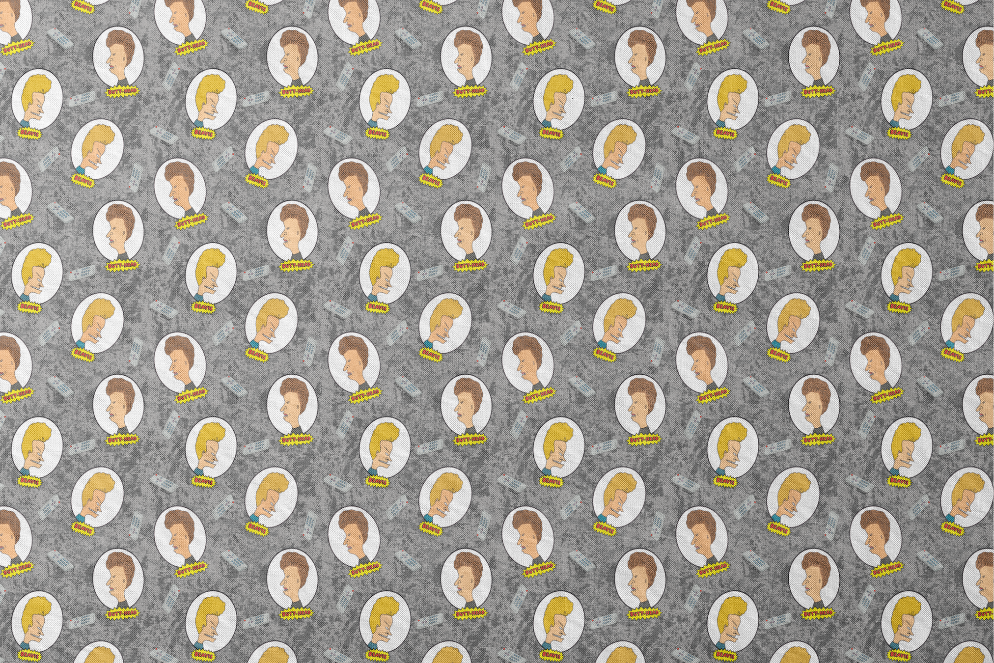 Cartoon pattern with blond and brown-haired animated characters in circular frames against a gray background with comic-style text bubbles. designs flat mockup