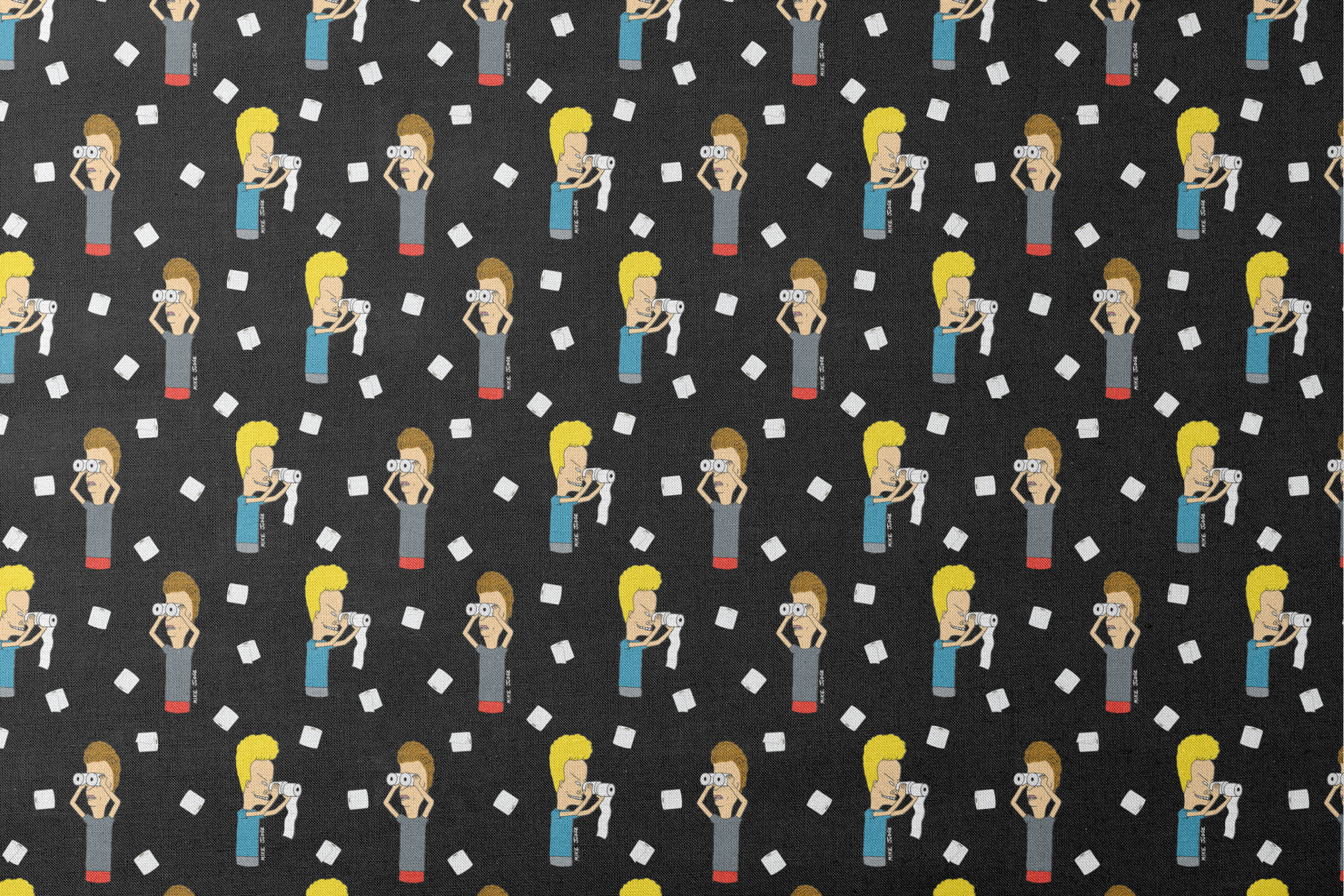 Cartoon characters with exaggerated features on black background with white squares scattered throughout the pattern designs flat mockup