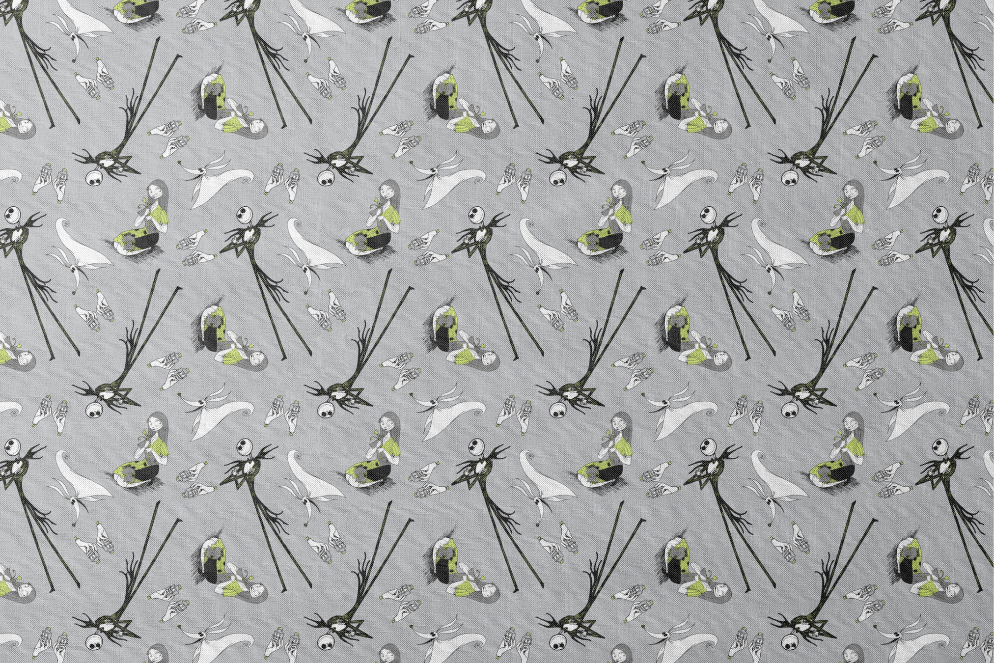 Spooky pattern with stylized ghostly figures, skeletal creatures, and green accents on gray background designs flat mockup