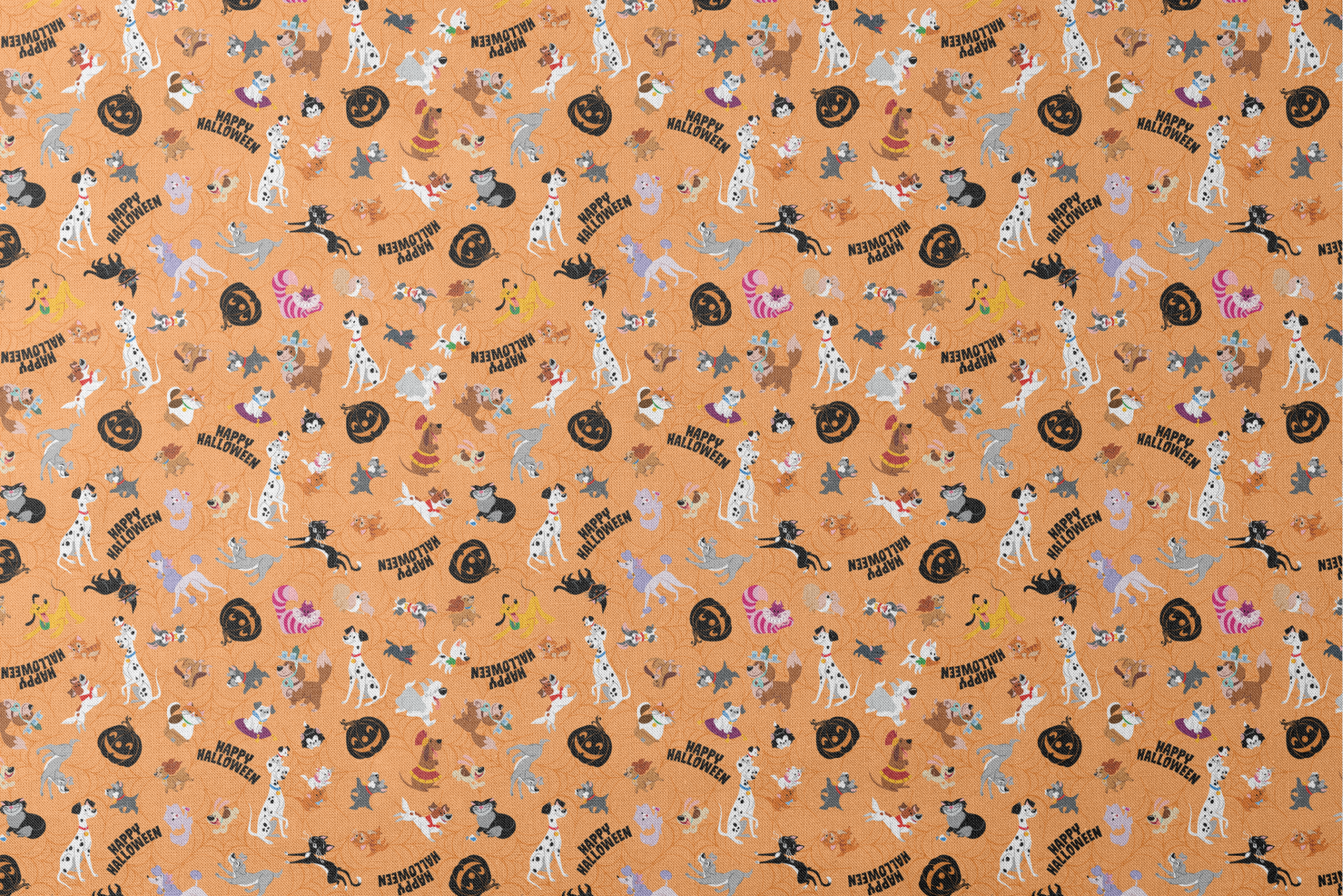 Cartoon dogs in Halloween pattern with pumpkins and "Happy Halloween" text on orange background designs flat mockup