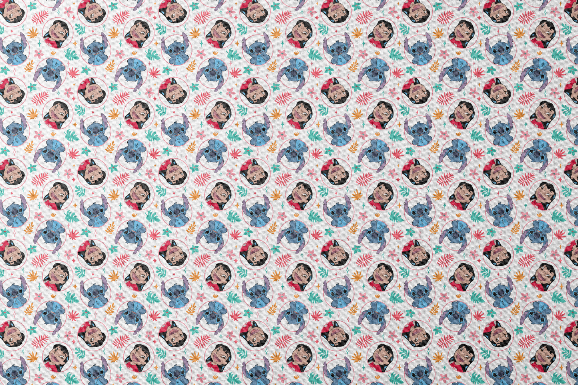 Colorful cartoon pattern with Lilo and Stitch in circles, surrounded by tropical leaves and stars designs flat mockup