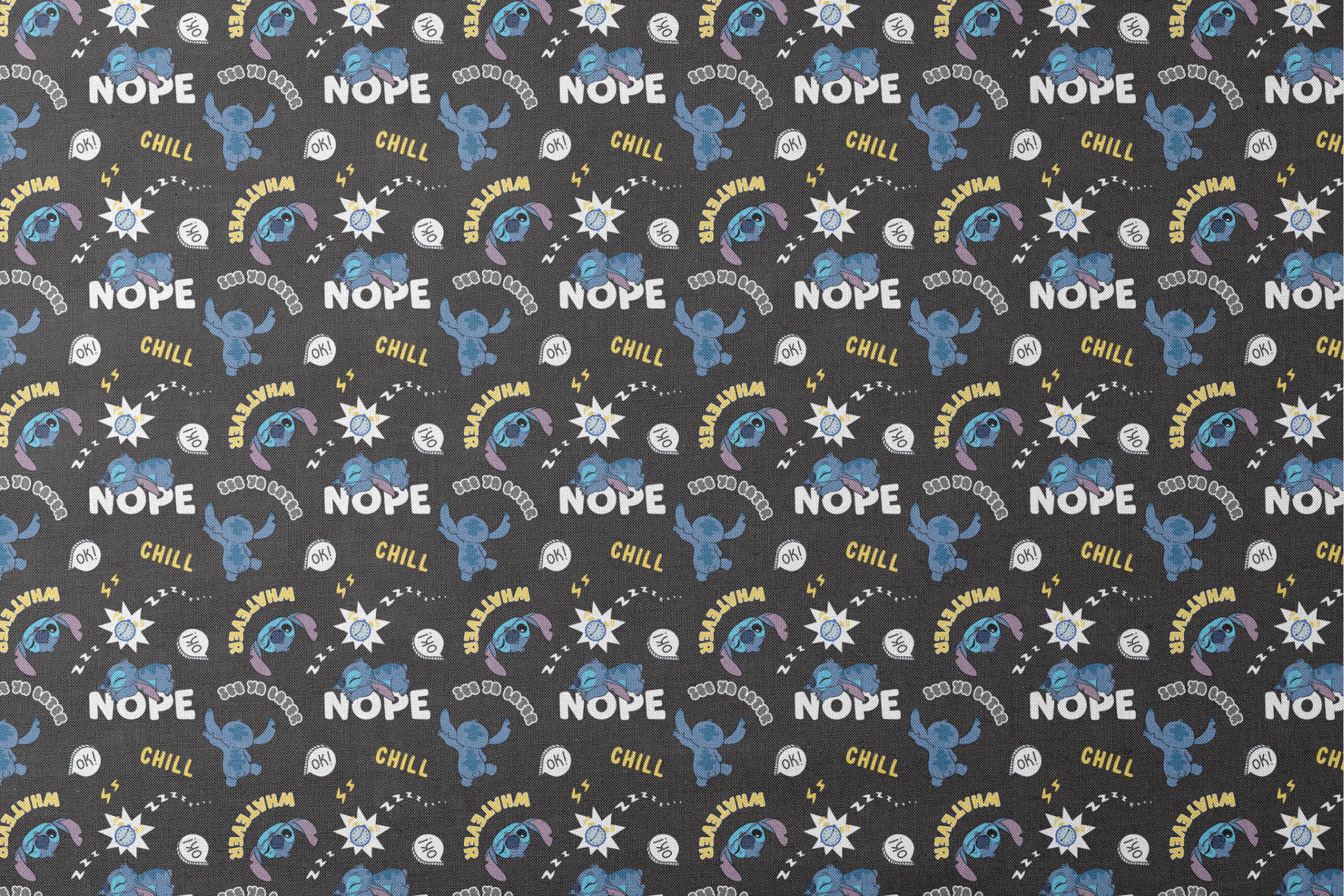 Disney Stitch pattern on black background with text "NOPE," "CHILL," "OK!" and sleep symbols designs flat mockup