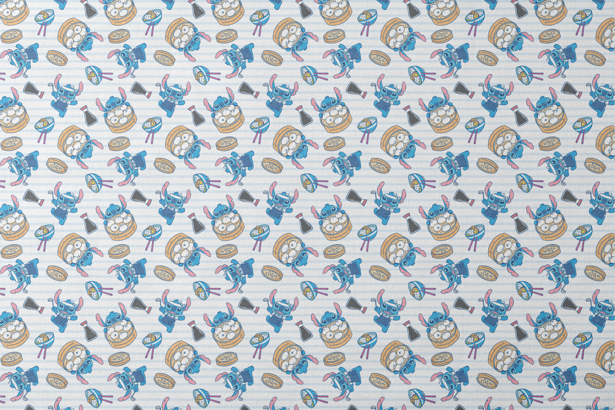 Cartoon Stitch with Chinese dim sum and dumplings on light blue striped background designs flat mockup