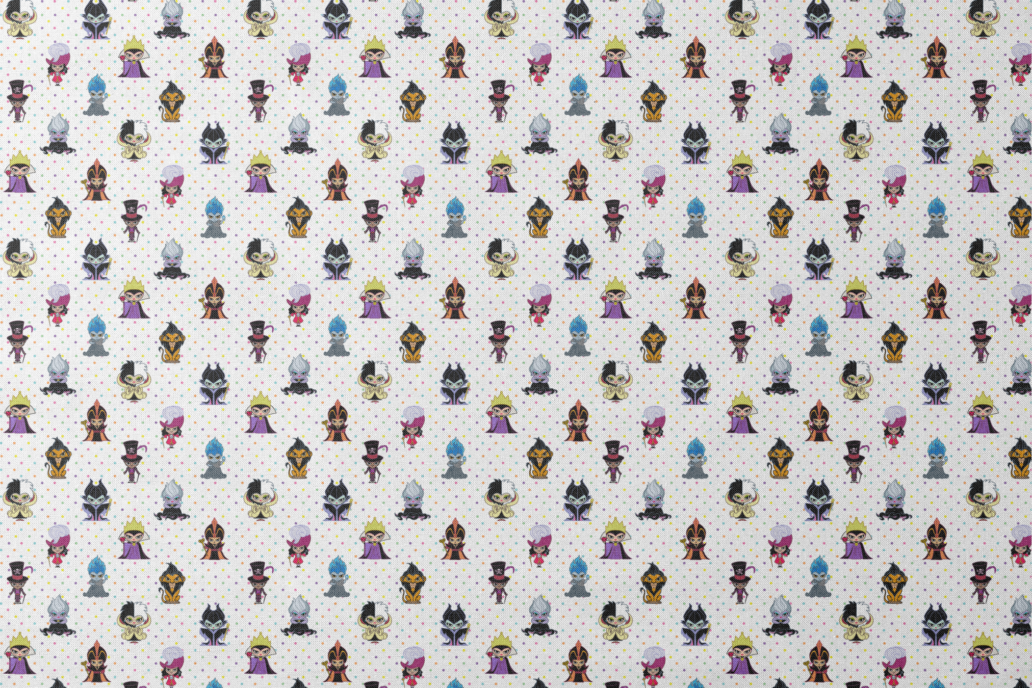 Cartoon Disney villain characters in chibi style scattered on polka dot background, including figures with crowns, capes, and distinctive colorful designs designs flat mockup