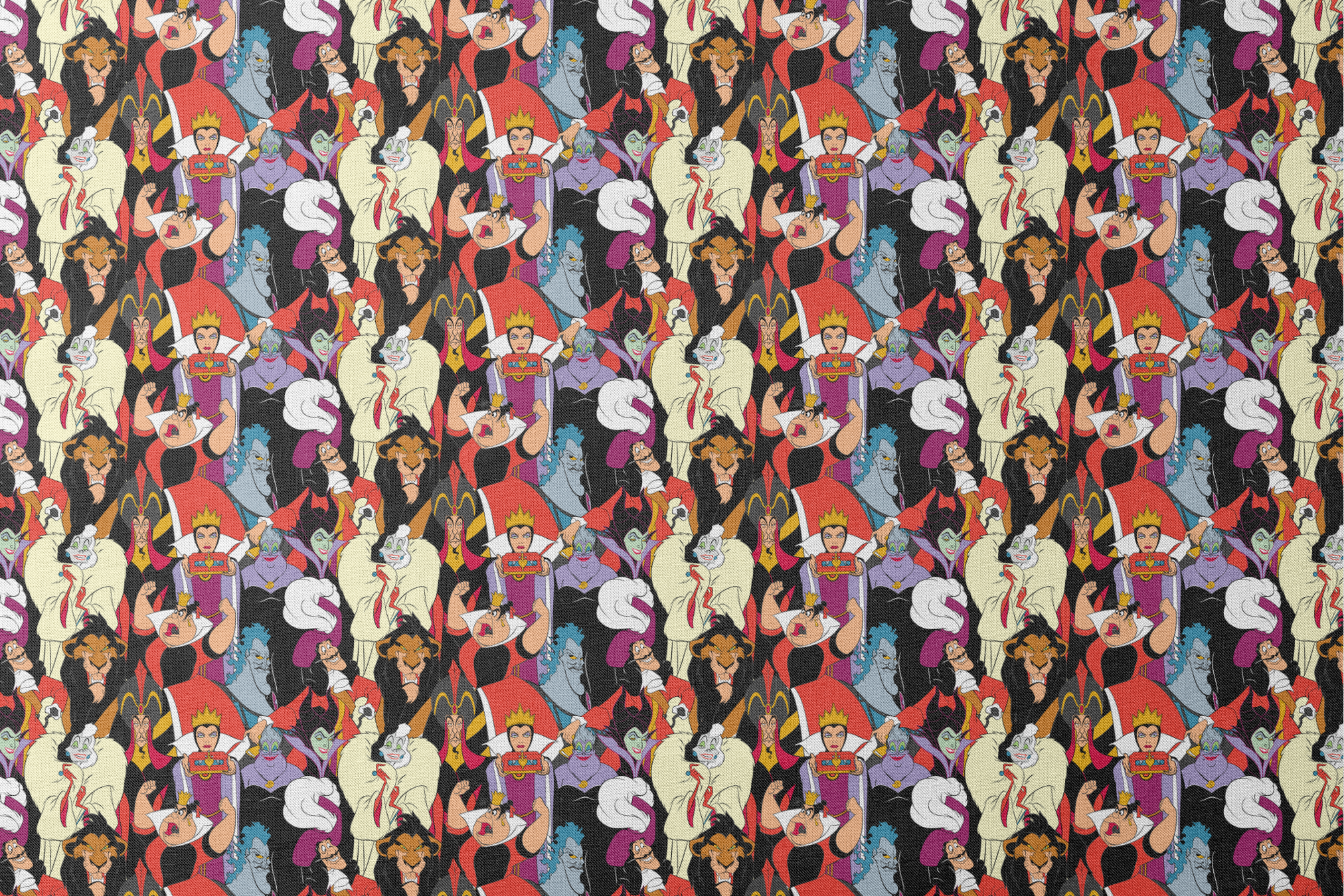 Disney villains collage featuring colorful animated characters with distinct evil expressions and iconic costumes. designs flat mockup