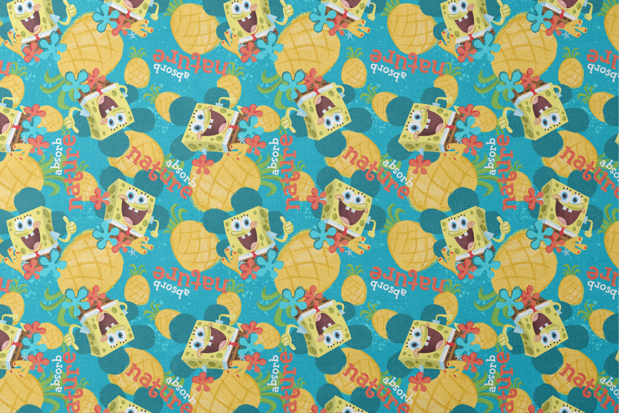 SpongeBob SquarePants pattern with pineapples and flowers on teal background designs flat mockup