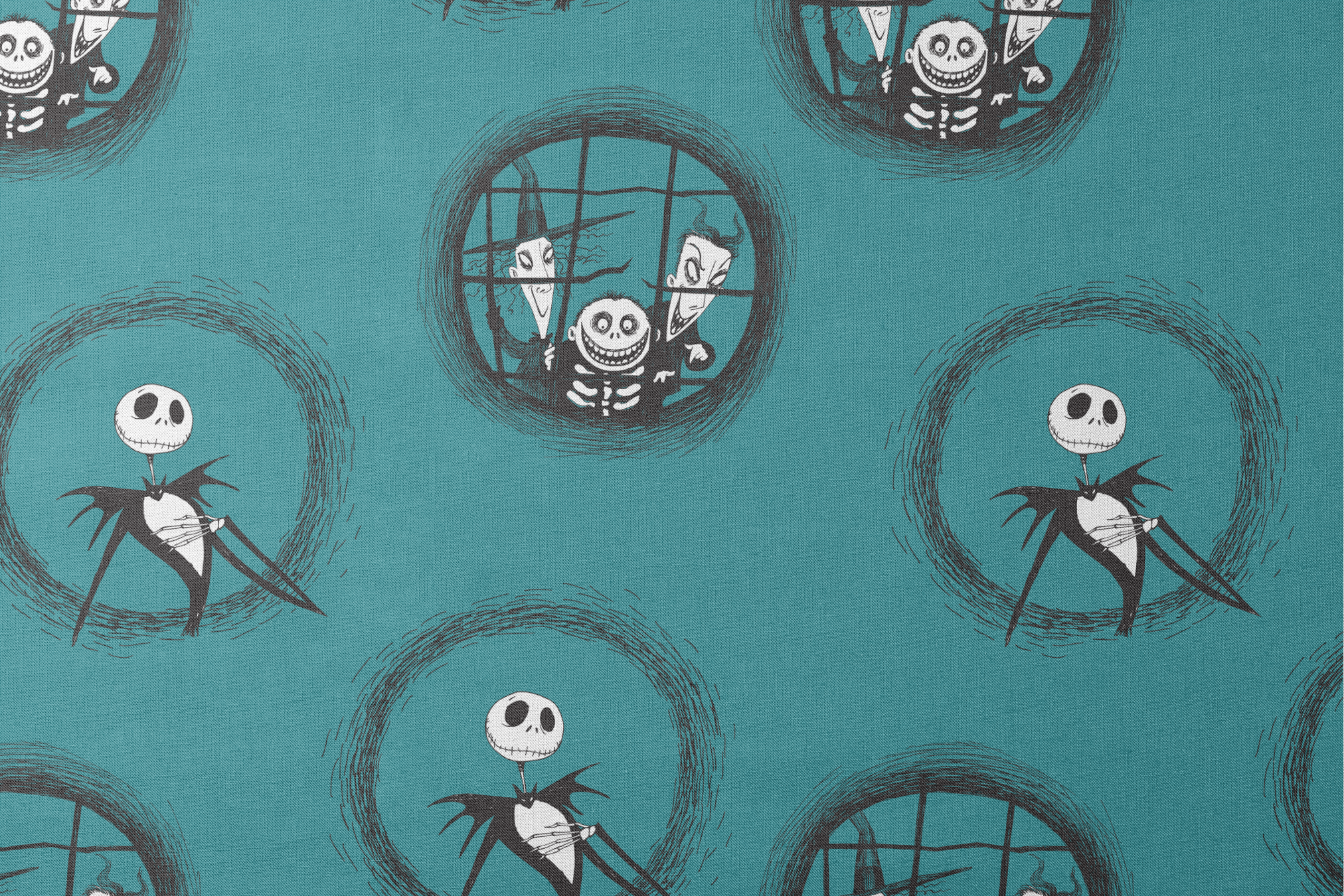 Teal patterned design with The Nightmare Before Christmas characters in circular frames, featuring round-headed characters in formal attire. designs flat mockup