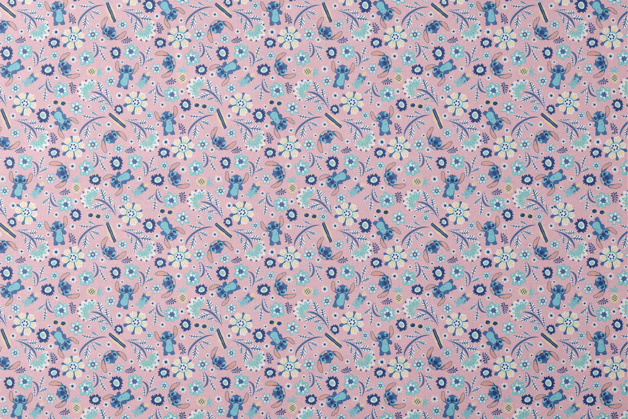 Floral pattern with Disney's Stitch, white daisies, and mint green accents on pink background designs flat mockup