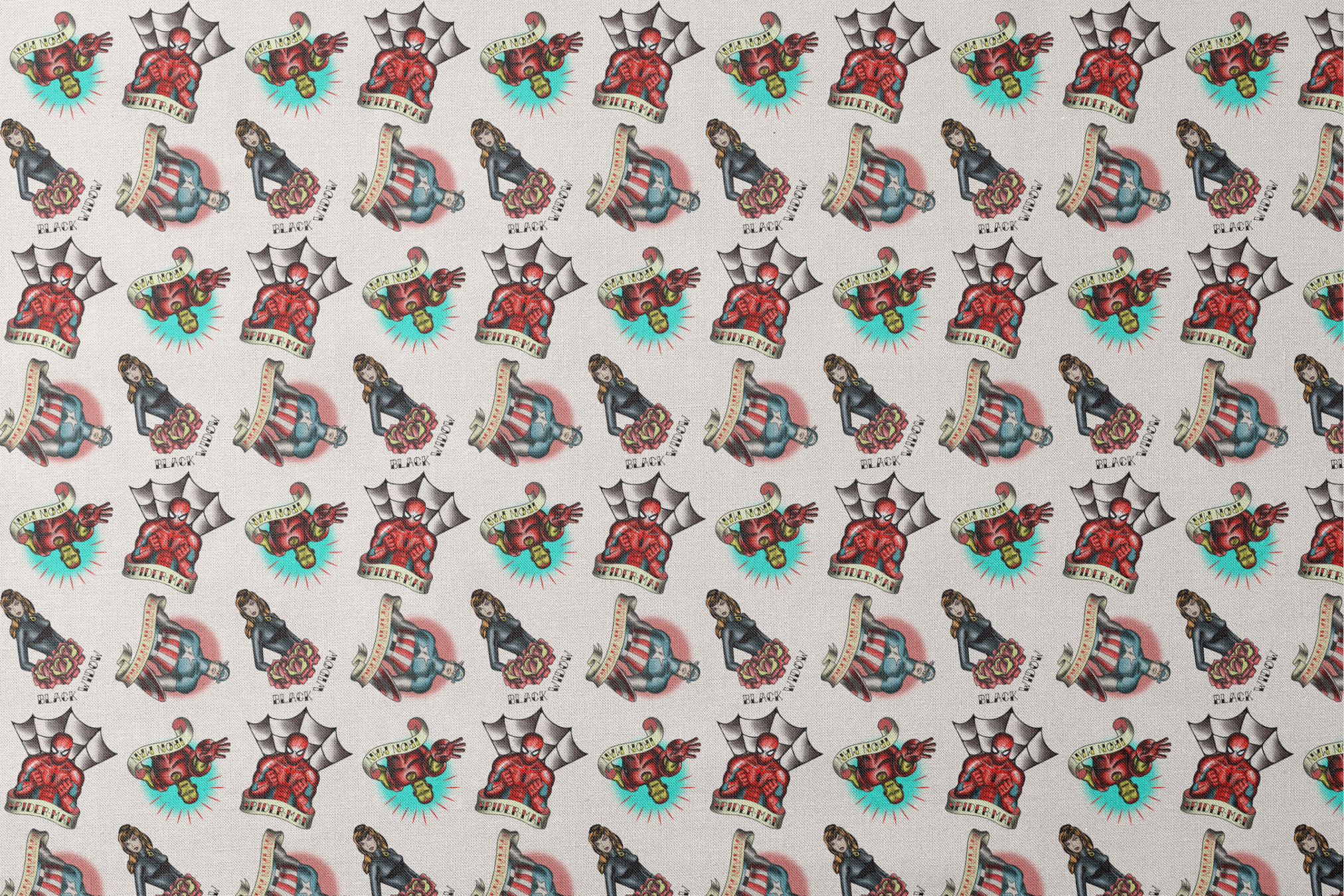 Traditional tattoo flash art designs featuring black panthers, hearts with daggers, spider webs, and colorful elements on cream background designs flat mockup