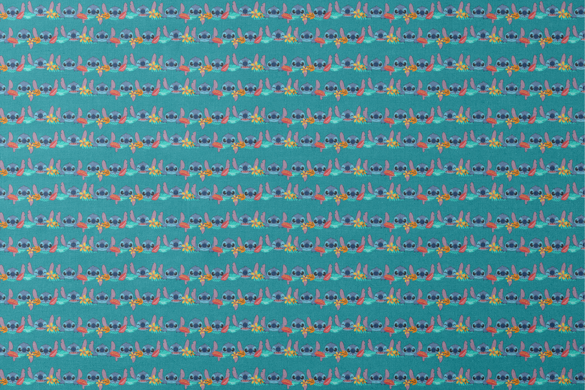 Repeating stripe design with Disney’s Stitch peeking between rows of tropical hibiscus flowers and colorful leaves on a teal background. designs flat mockup