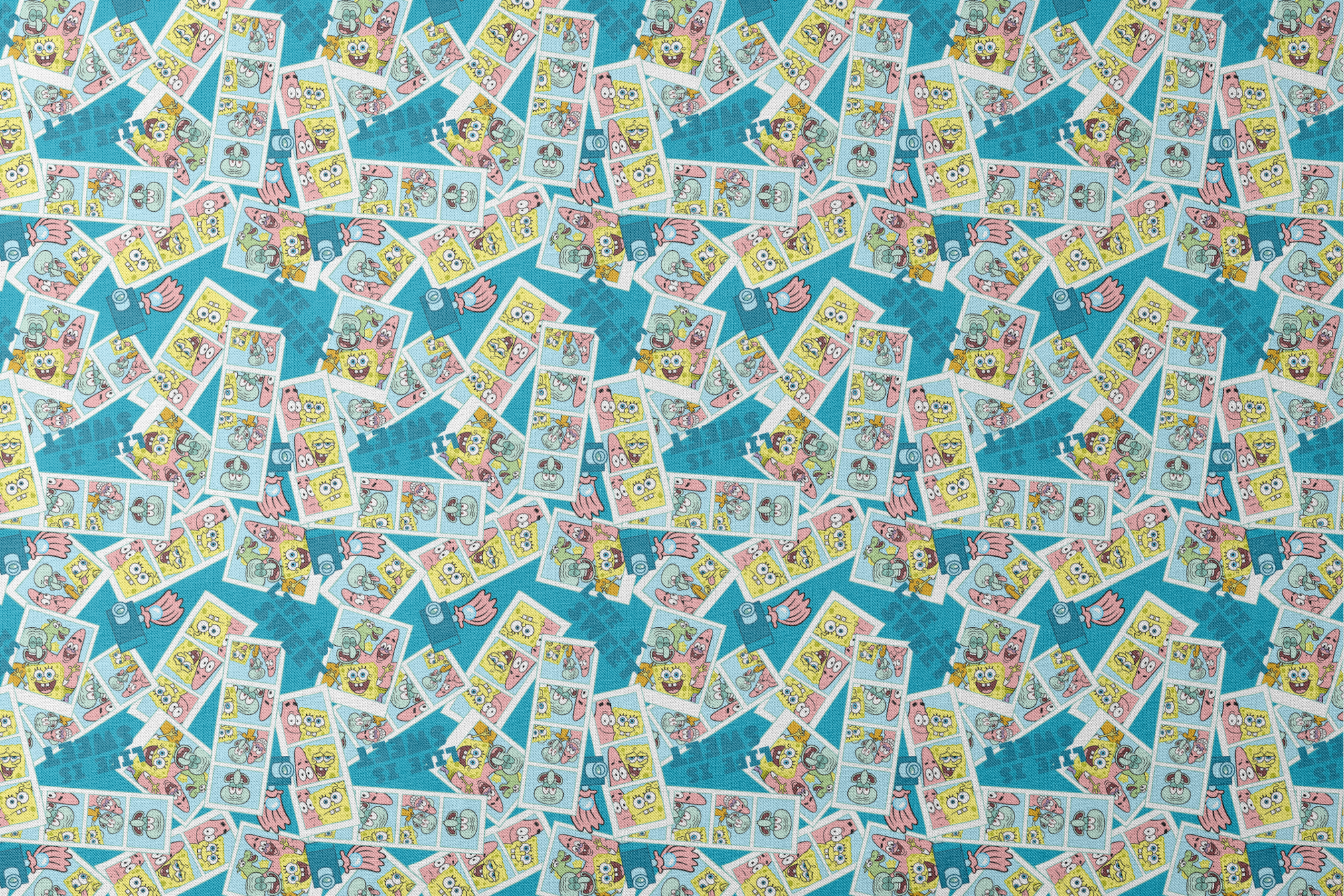 Photobooth-style SpongeBob SquarePants design featuring cartoon snapshots of SpongeBob, Patrick, and Squidward with “Life is Sweet” text on a blue background. designs flat mockup