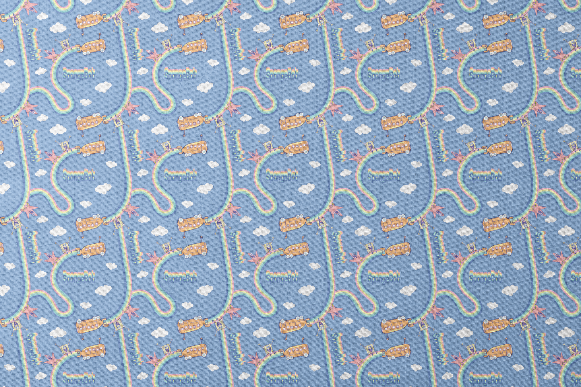 SpongeBob pattern with cartoon characters, buses, rainbows and clouds on light blue background designs flat mockup