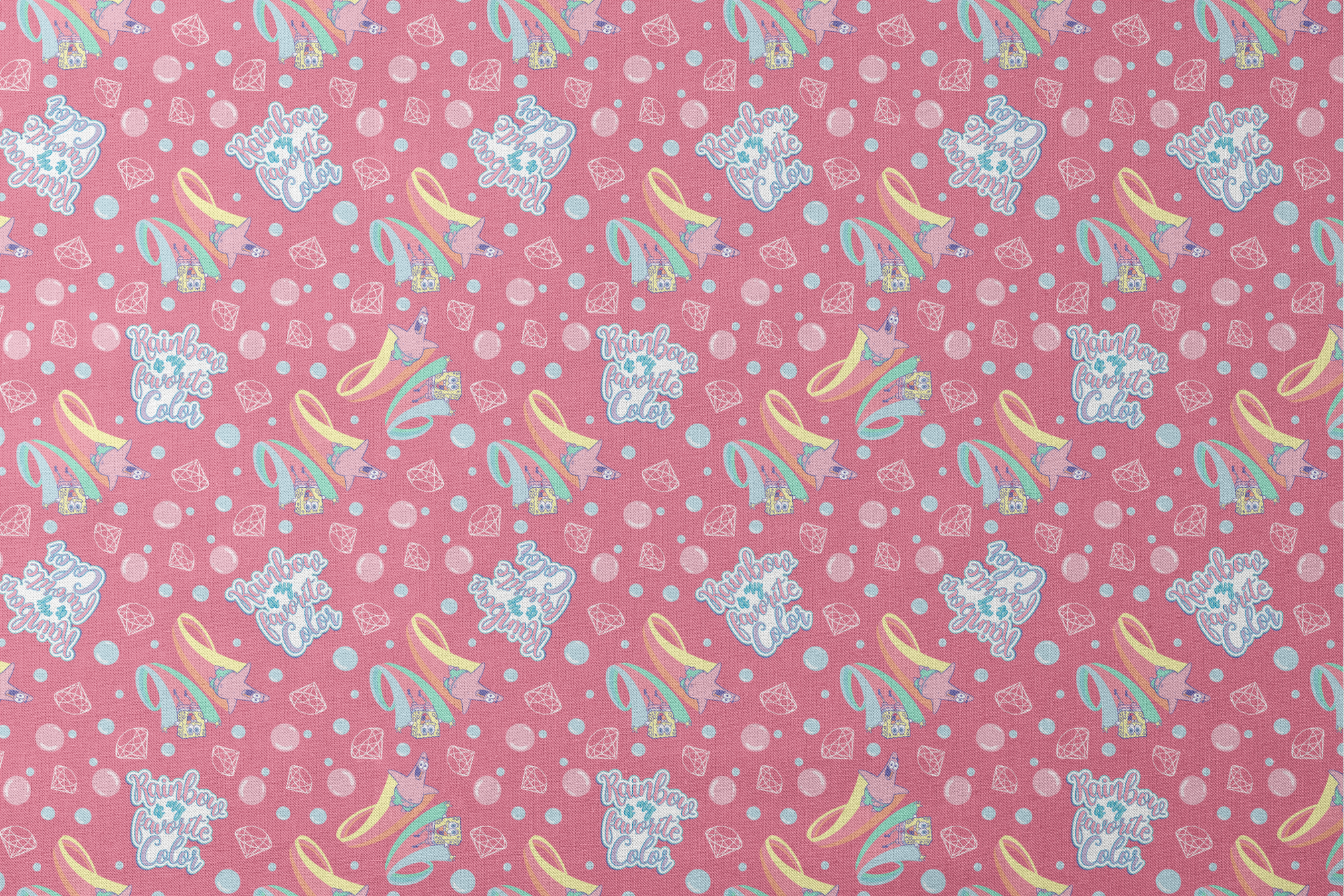 Patrick Star floats among pastel rainbows, bubbles, and gems on a pink background with the phrase “Rainbow is my favorite color” in a SpongeBob design designs flat mockup