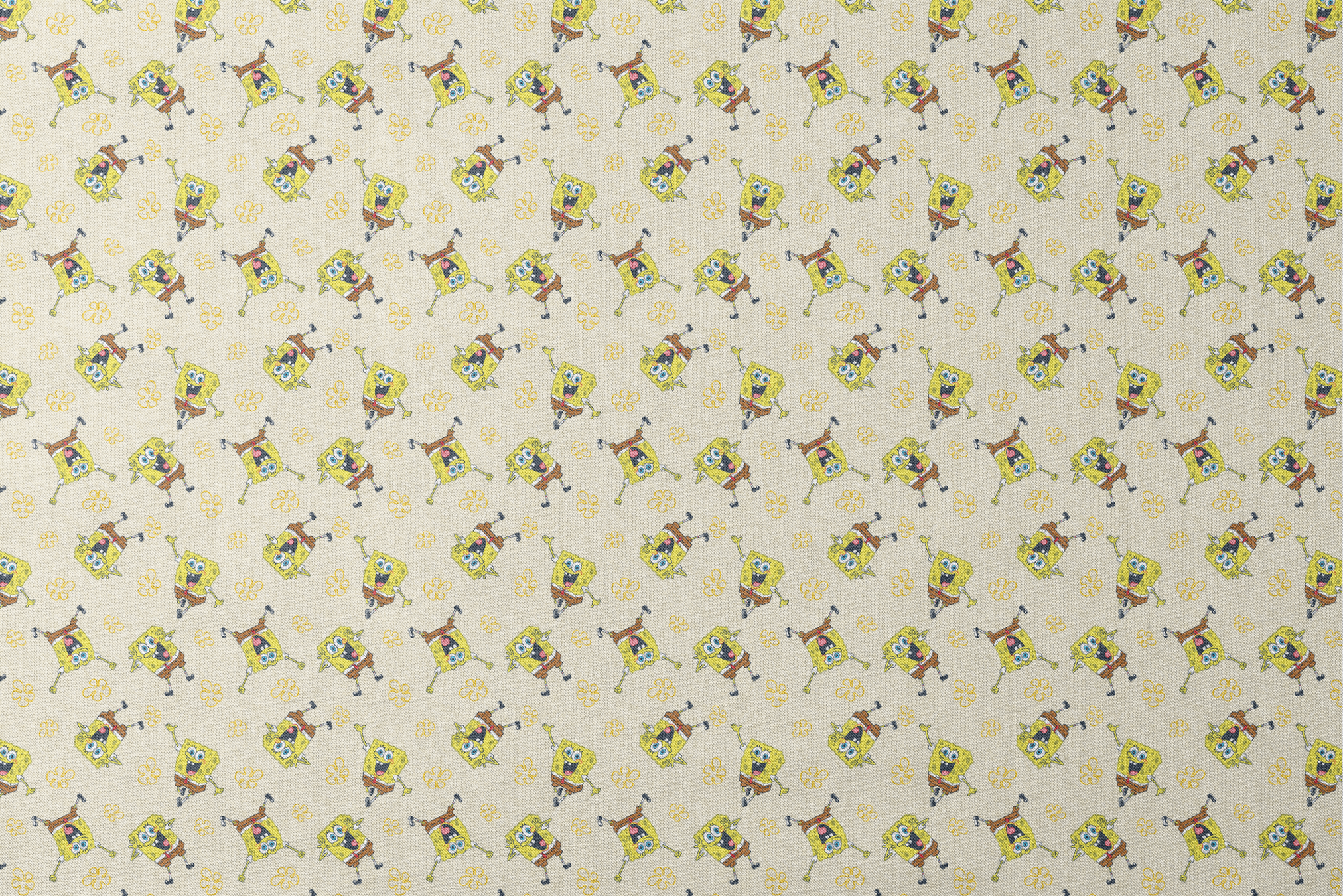 Repeating pattern of SpongeBob SquarePants characters on light yellow background with yellow flowers designs flat mockup