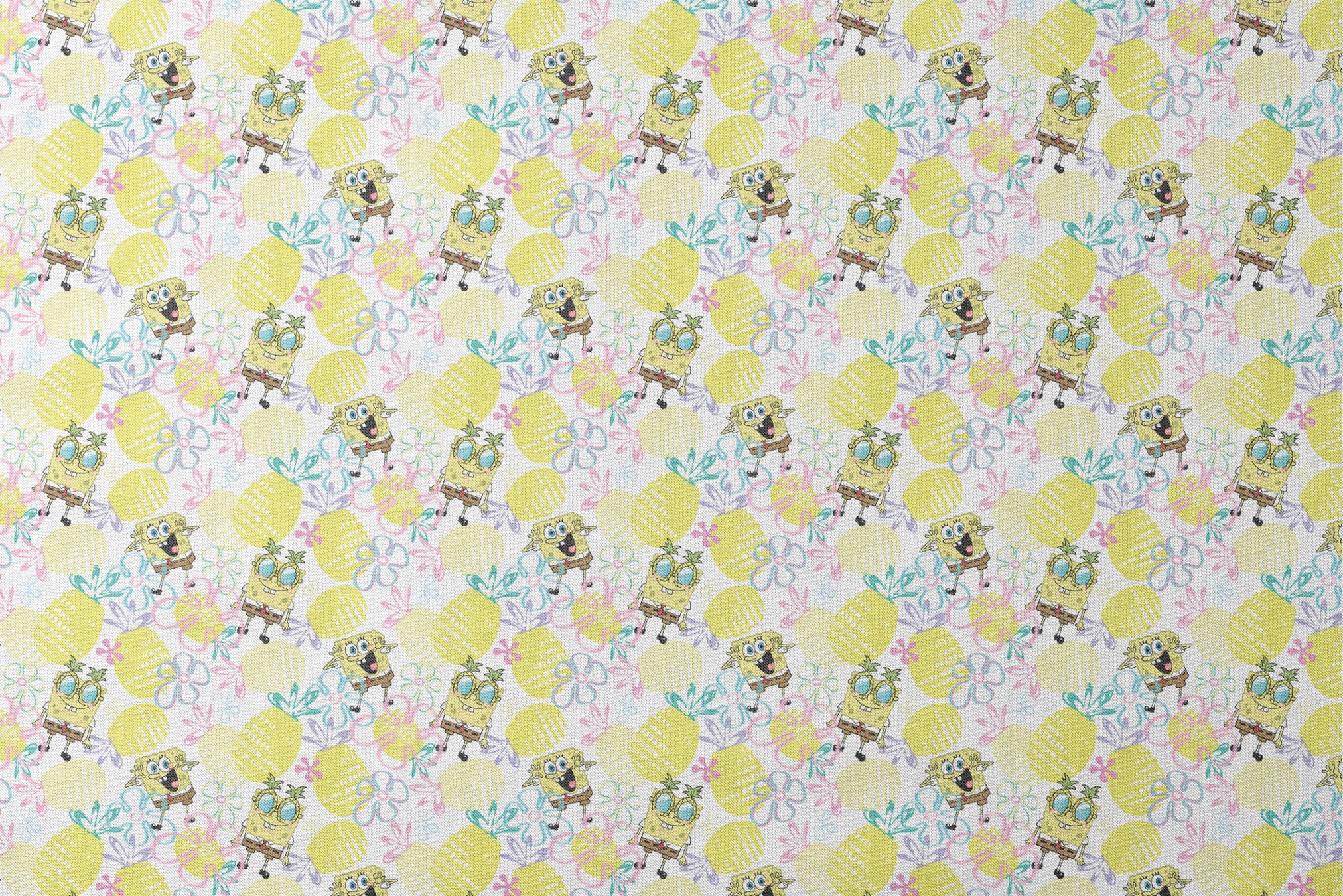 SpongeBob wearing pineapple glasses surrounded by yellow pineapples and pastel floral sketches on a white background in a playful Nickelodeon design. designs flat mockup