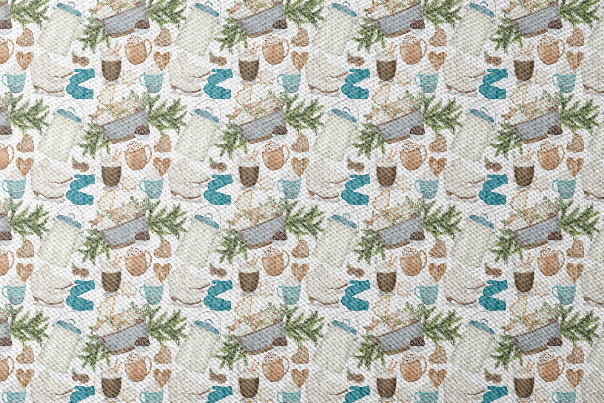Winter-themed pattern featuring cocoa mugs, ice skates, mittens, pine branches, and holiday cookies in neutral and blue tones by Nicole Tamarin. designs flat mockup