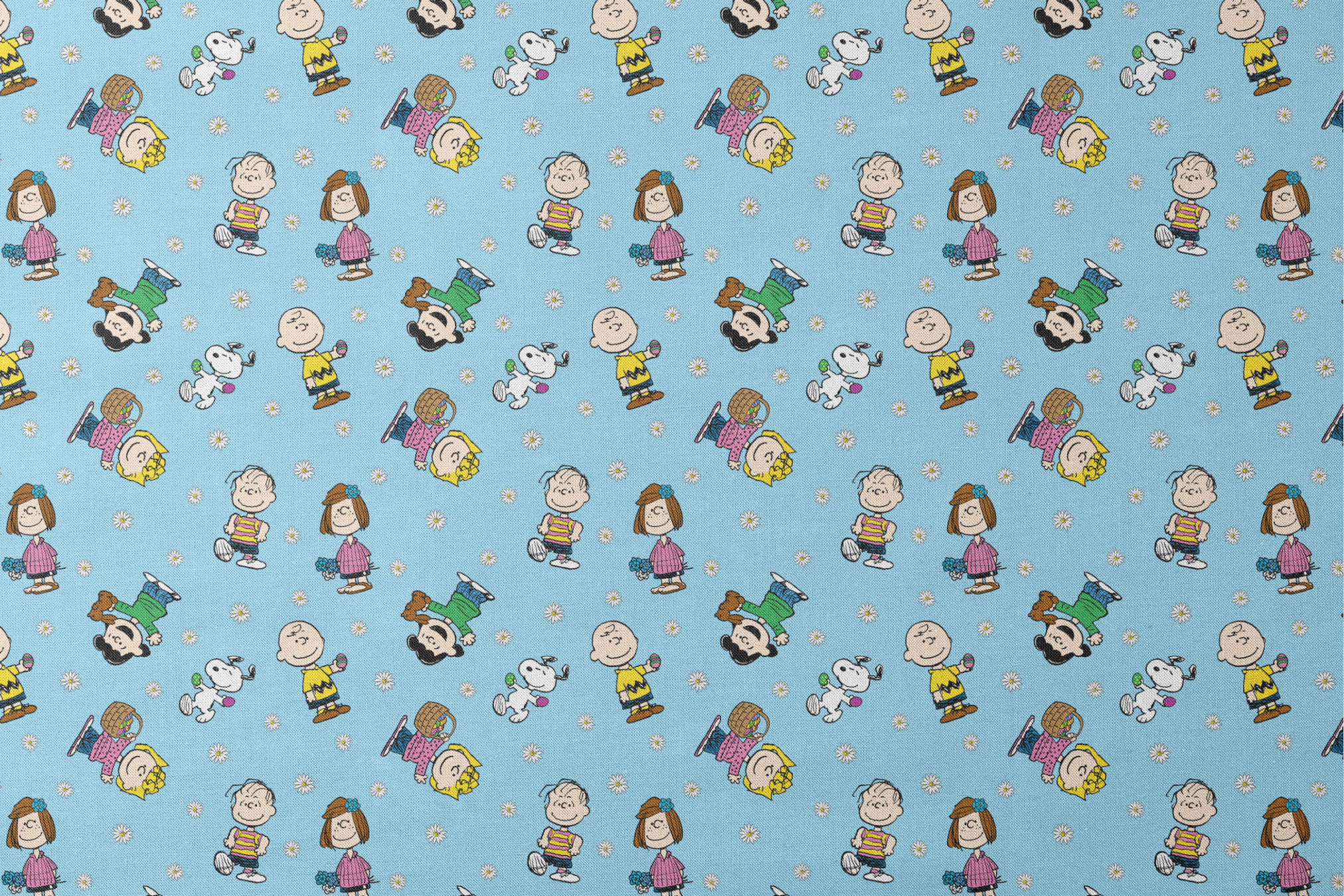 Peanuts cartoon characters scattered on light blue background with white daisies pattern designs flat mockup