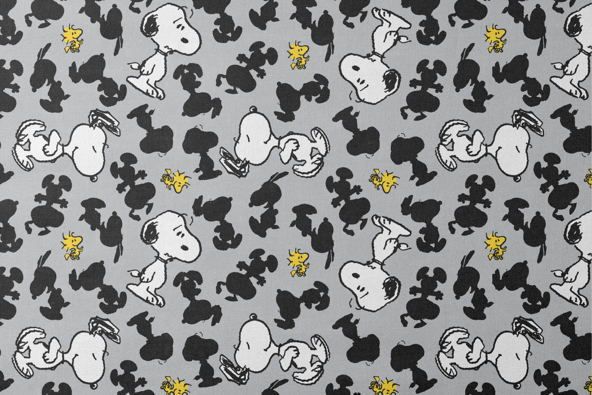 Pattern of Snoopy and Woodstock on gray background with black silhouettes designs flat mockup