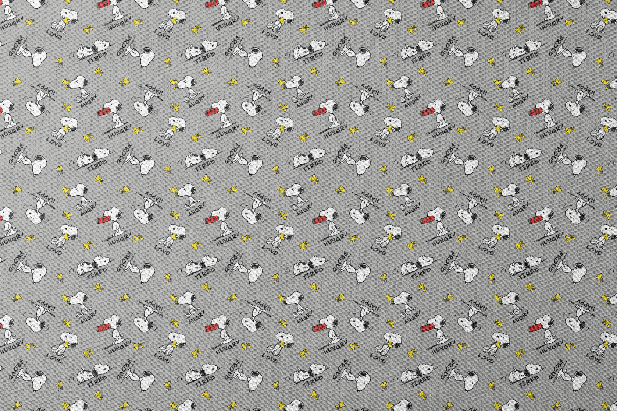 Snoopy cartoon pattern on gray background with emotions like "Hungry" and "Love" with Woodstock designs flat mockup