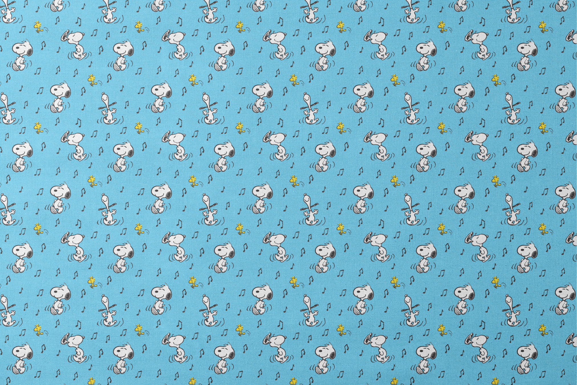 Cartoon characters Snoopy and Woodstock dancing with musical notes on light blue background designs flat mockup