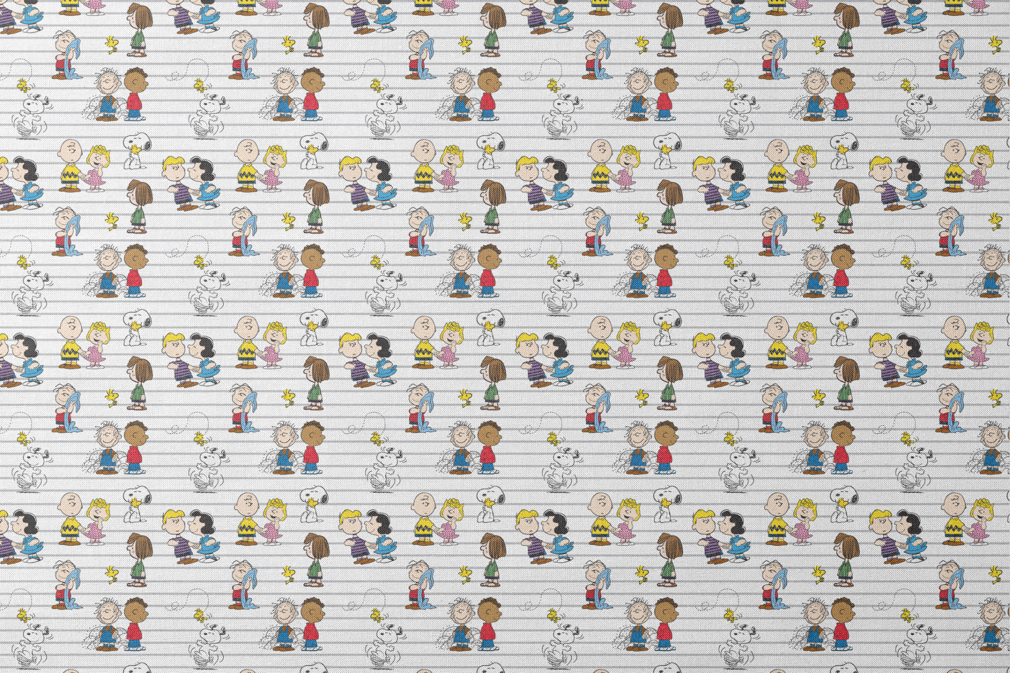 Peanuts cartoon characters on striped background, including Snoopy, Woodstock, and friends with their signature traits and poses. designs flat mockup