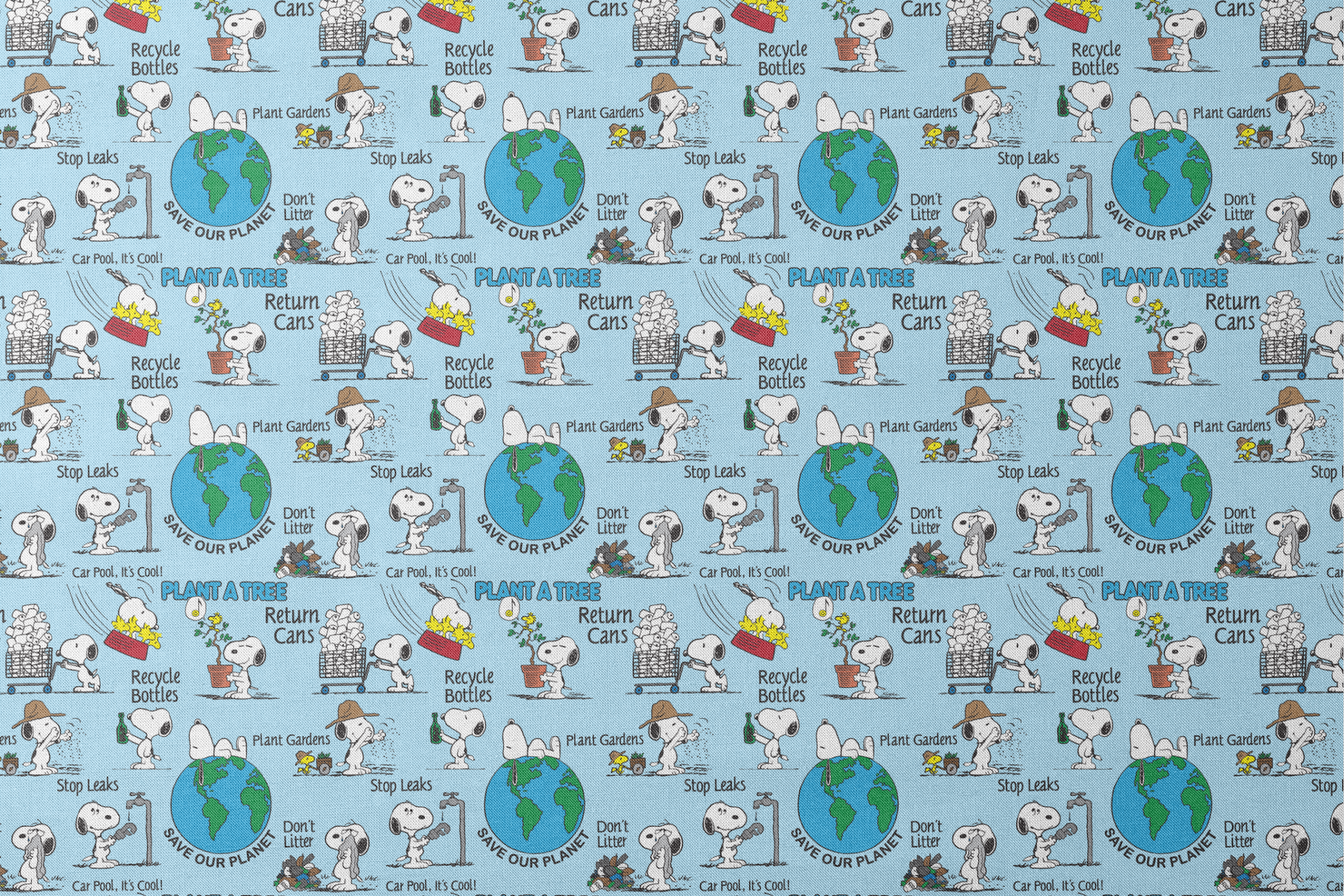 Snoopy cartoon dog in environmental scenes with Earth graphic and eco-friendly messages like "Plant a Tree" and "Recycle designs flat mockup