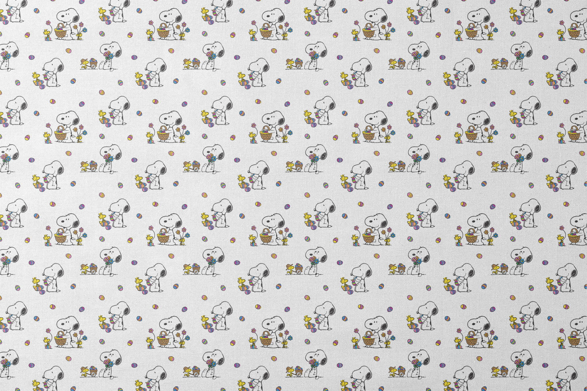 Cartoon pattern with Snoopy and Woodstock celebrating Easter with colorful eggs and baskets on white background designs flat mockup