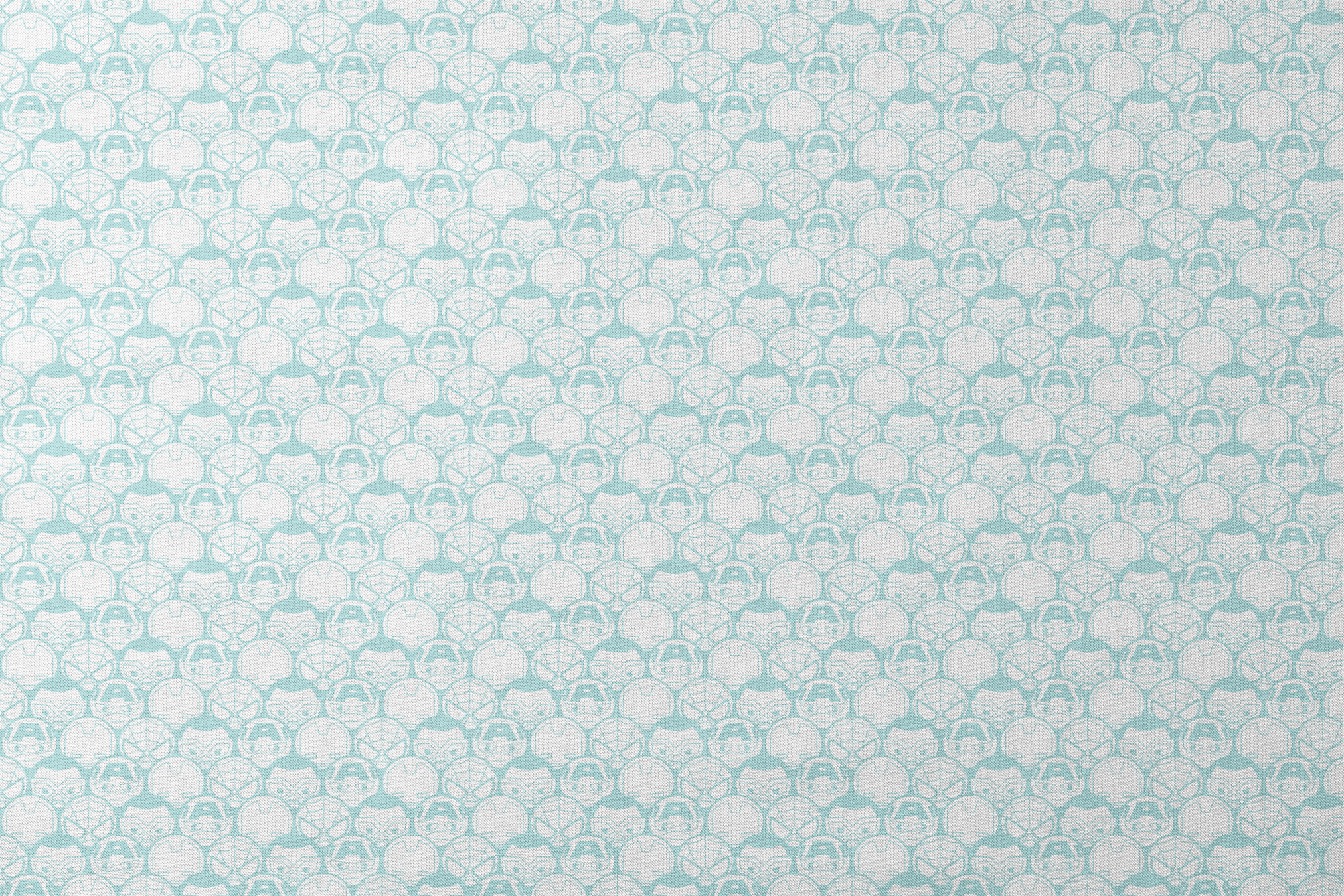 Light blue and white pattern of stylized superhero masks and helmets in a repeating design designs flat mockup