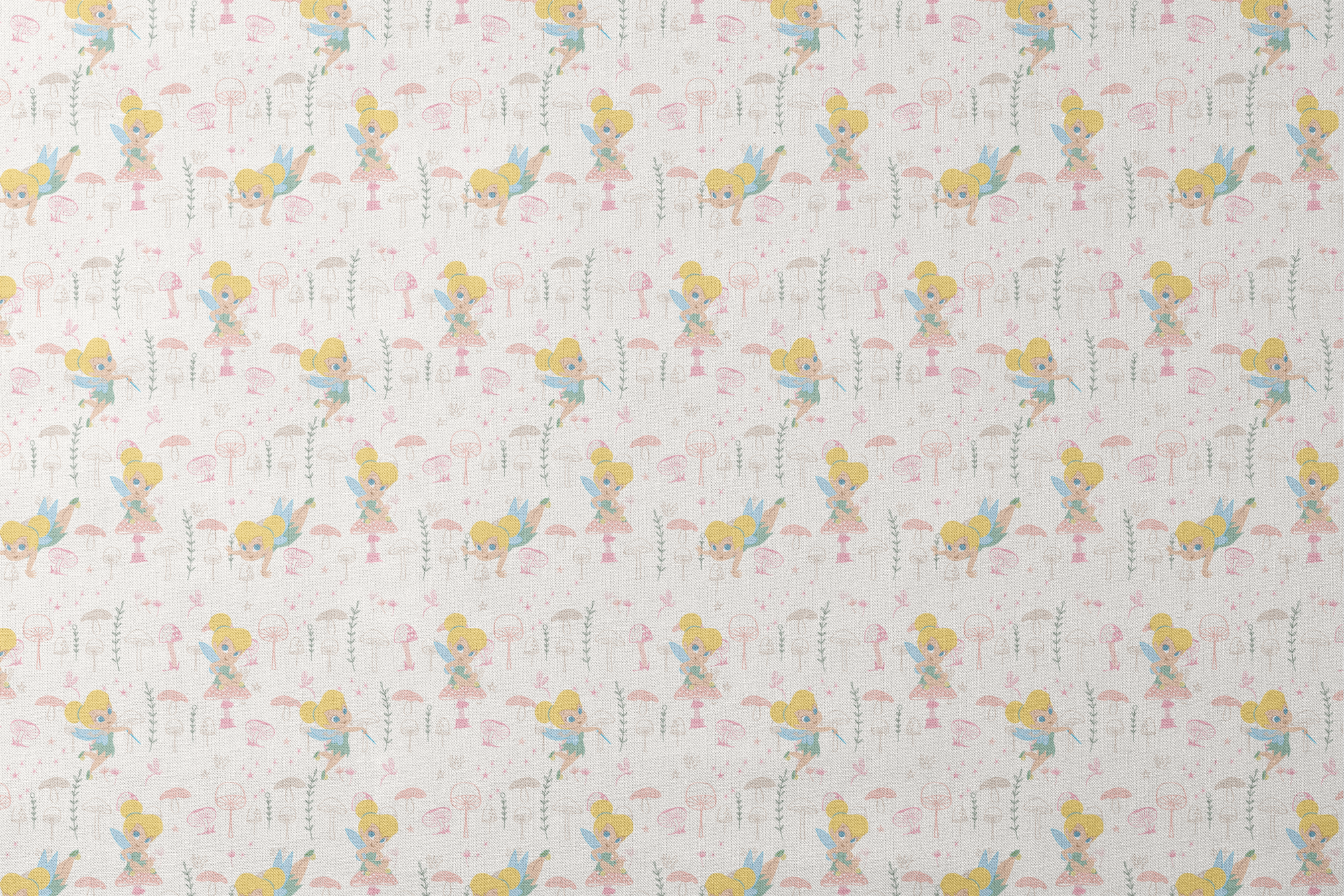 Whimsical pattern with cartoon fairy characters and pink mushrooms against a cream background designs flat mockup