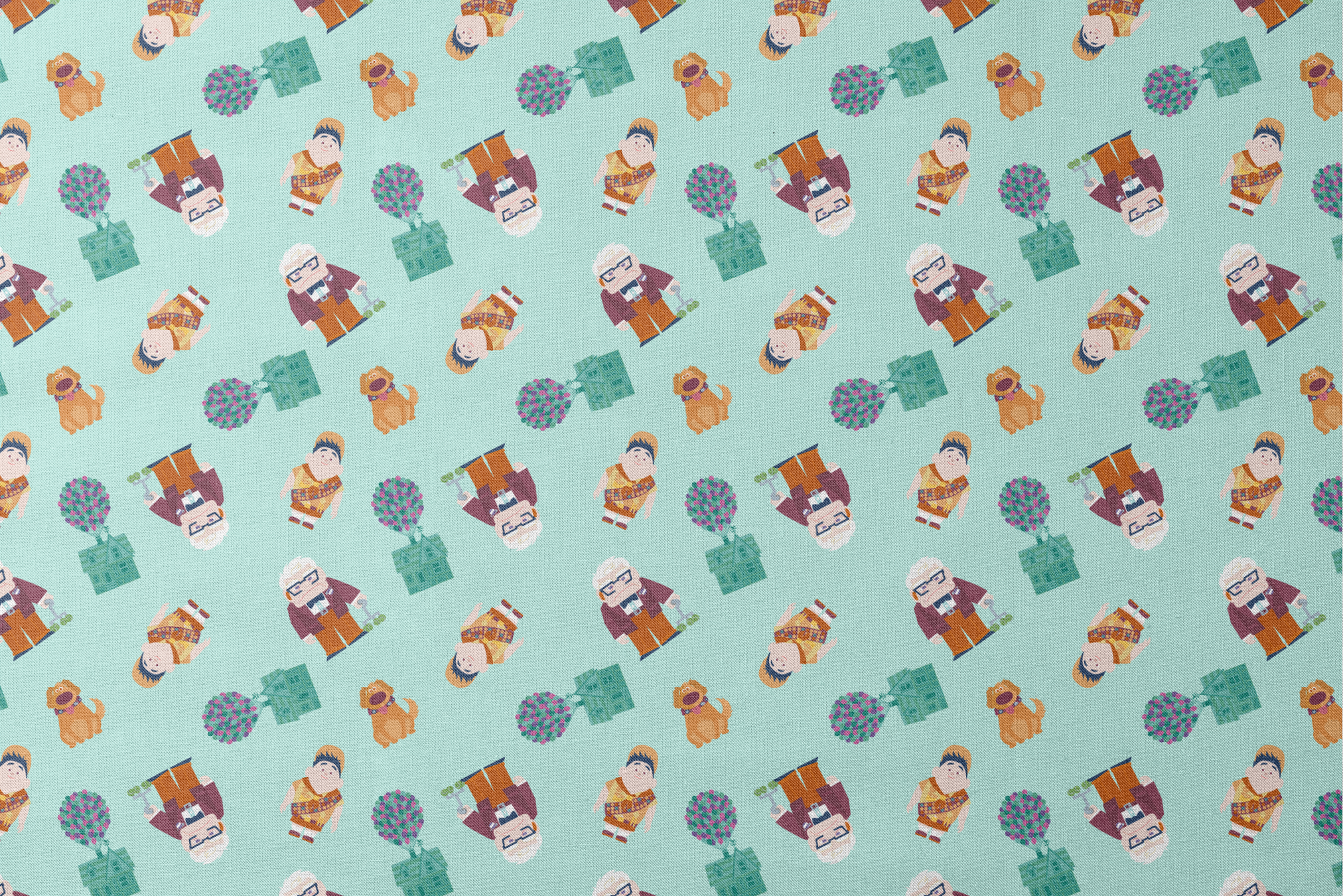 Cartoon pattern on mint background featuring characters from Pixar's "Up" with balloons, houses, and colorful elements designs flat mockup