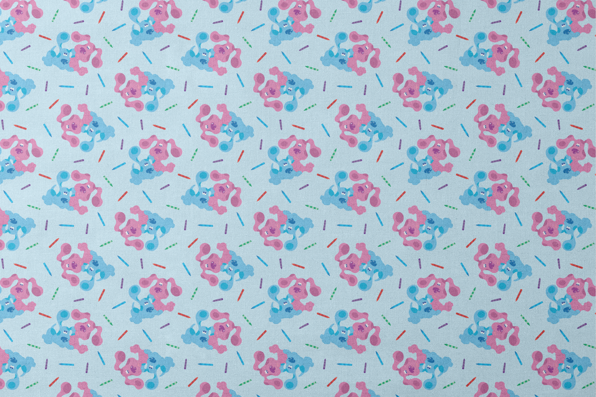 Playful pattern of cartoon blue and pink dogs with colorful stick accents on light blue background designs flat mockup