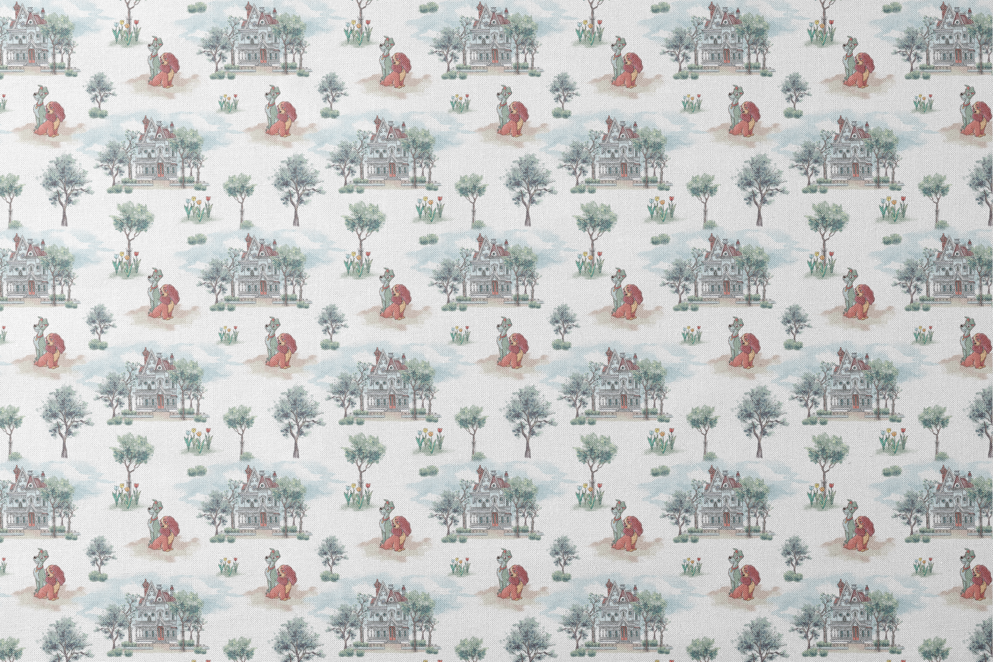 Repeating pattern with Victorian houses, small trees, and cartoon lions with red manes in a soft watercolor style designs flat mockup