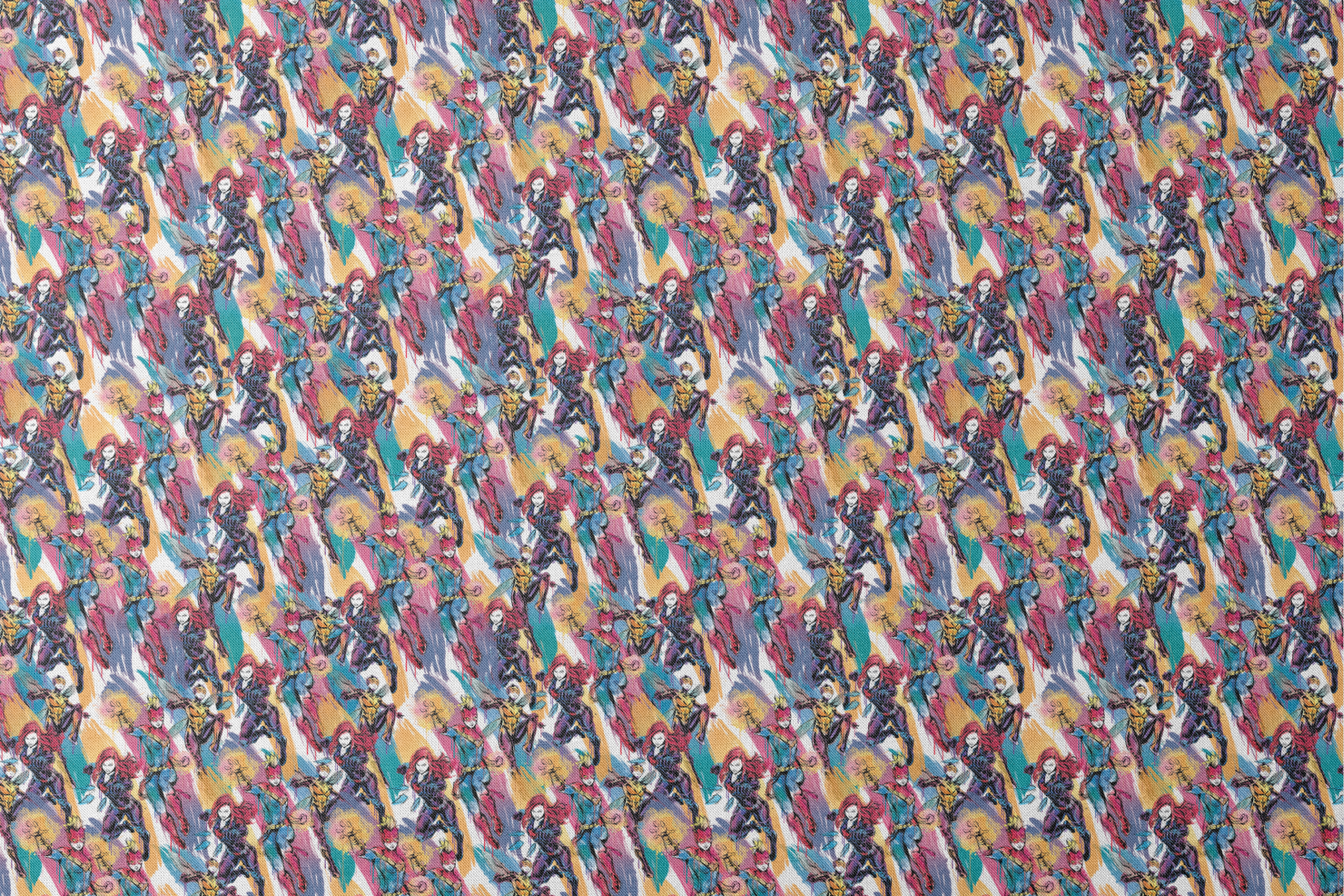 Colorful comic book superhero pattern with characters in dynamic poses against abstract brushstroke background designs flat mockup