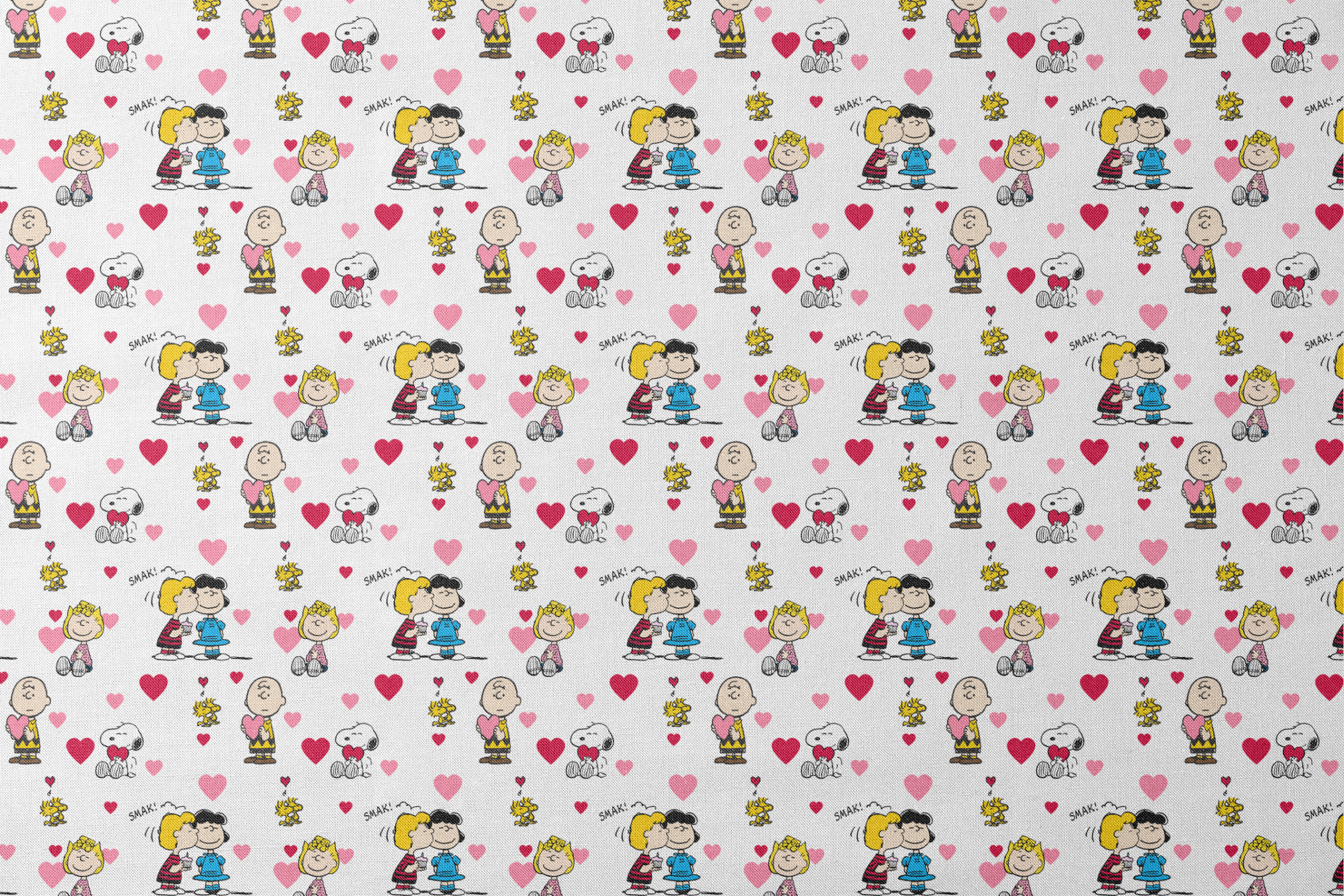Peanuts cartoon characters with heart motifs, featuring Snoopy, Woodstock, and others in a Valentine's theme designs flat mockup