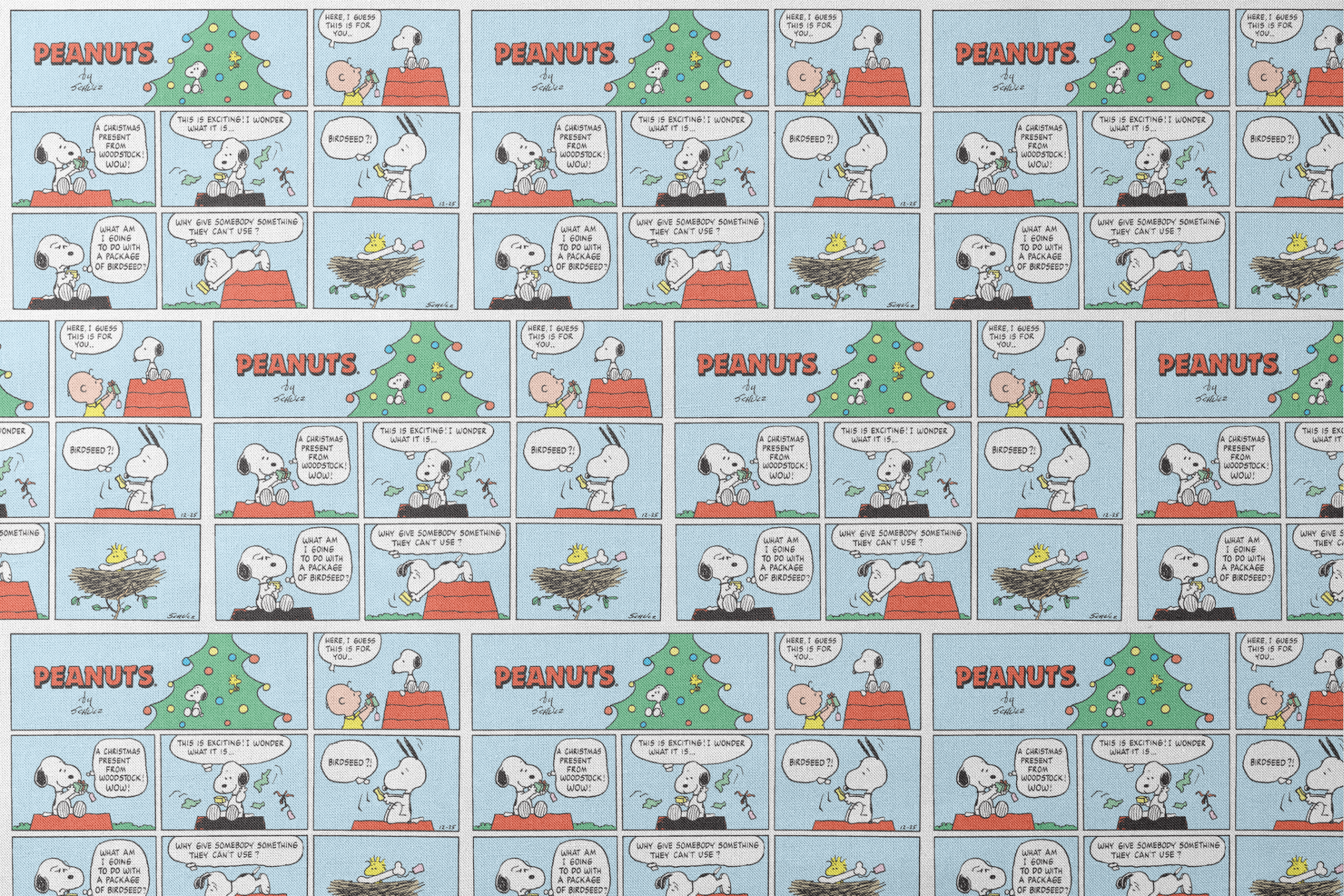 This is a Peanuts comic strip featuring Snoopy on his red doghouse with a Christmas tree visible. The panels show Snoopy preparing and decorating his doghouse for the holidays, with his yellow bird friend Woodstock appearing in a nest with Christmas lights. designs flat mockup