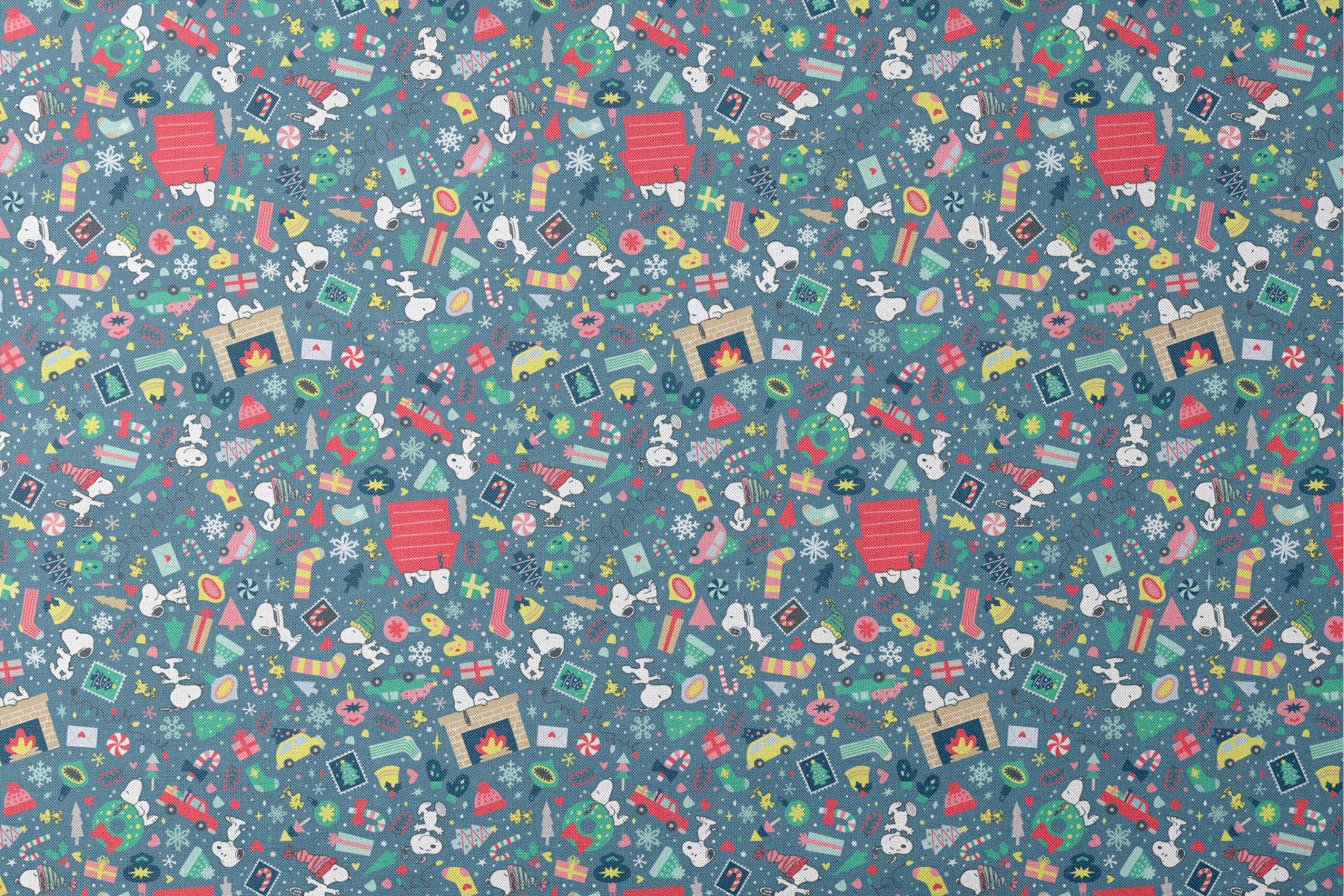 Colorful Peanuts Christmas pattern with festive icons, red mailboxes, presents, houses, and holiday symbols on teal background designs flat mockup