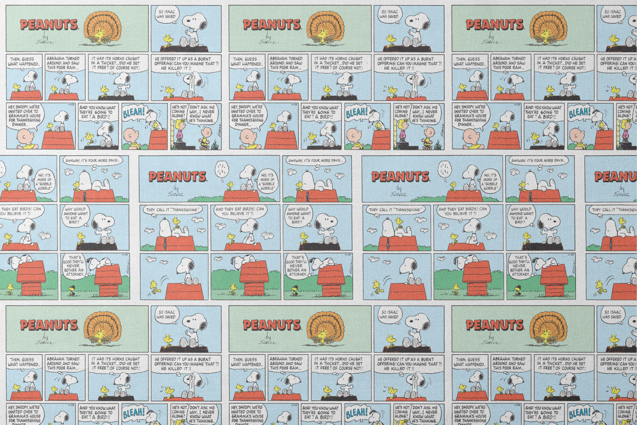 A Peanuts comic strip featuring Snoopy on his red doghouse, shown in multiple panels with Thanksgiving and food-related humor throughout the colorful Sunday format. designs flat mockup