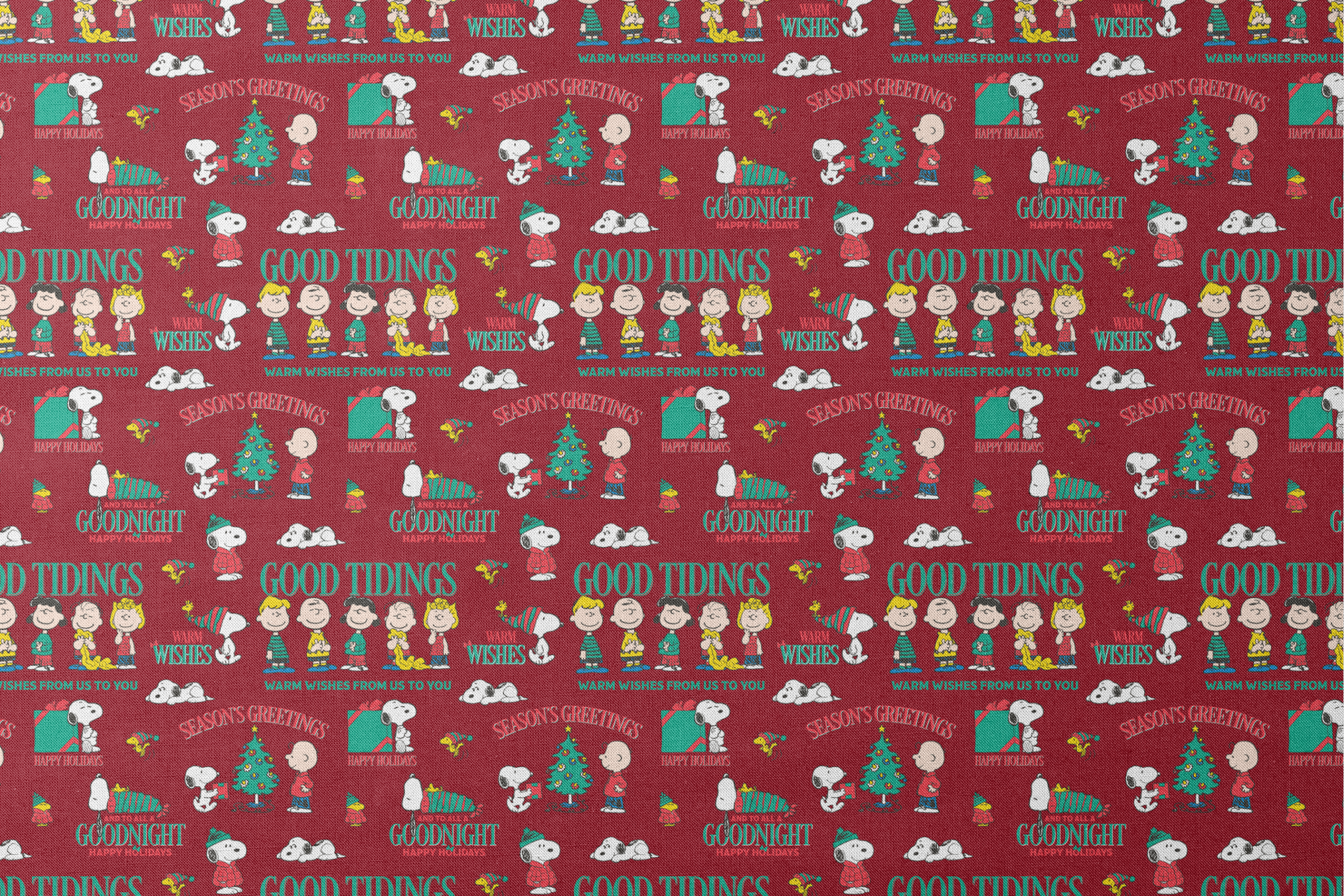 Colorful Peanuts Christmas pattern with Snoopy, Woodstock, and friends with holiday phrases on red background designs flat mockup